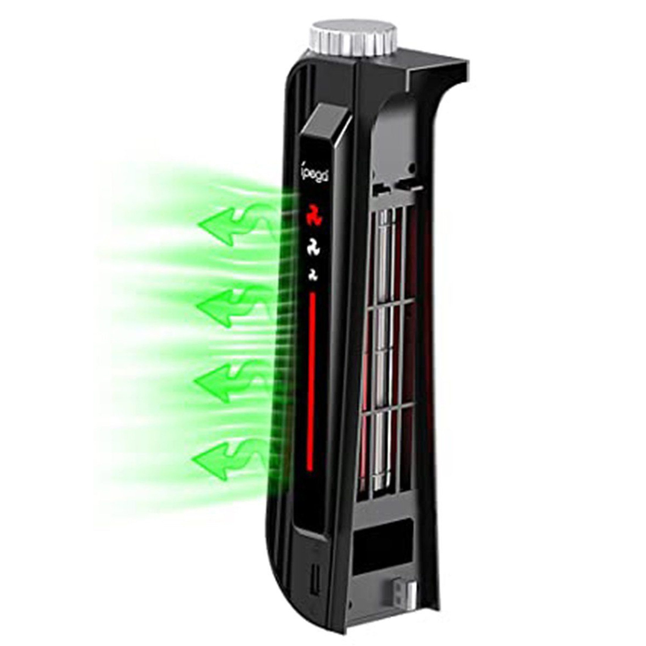 Schwarzer Turmventilator mit grünen Luftstrompfeilen. Er hat einen roten Lichtbalken, eine silberne Oberseite und einen Markennamen.