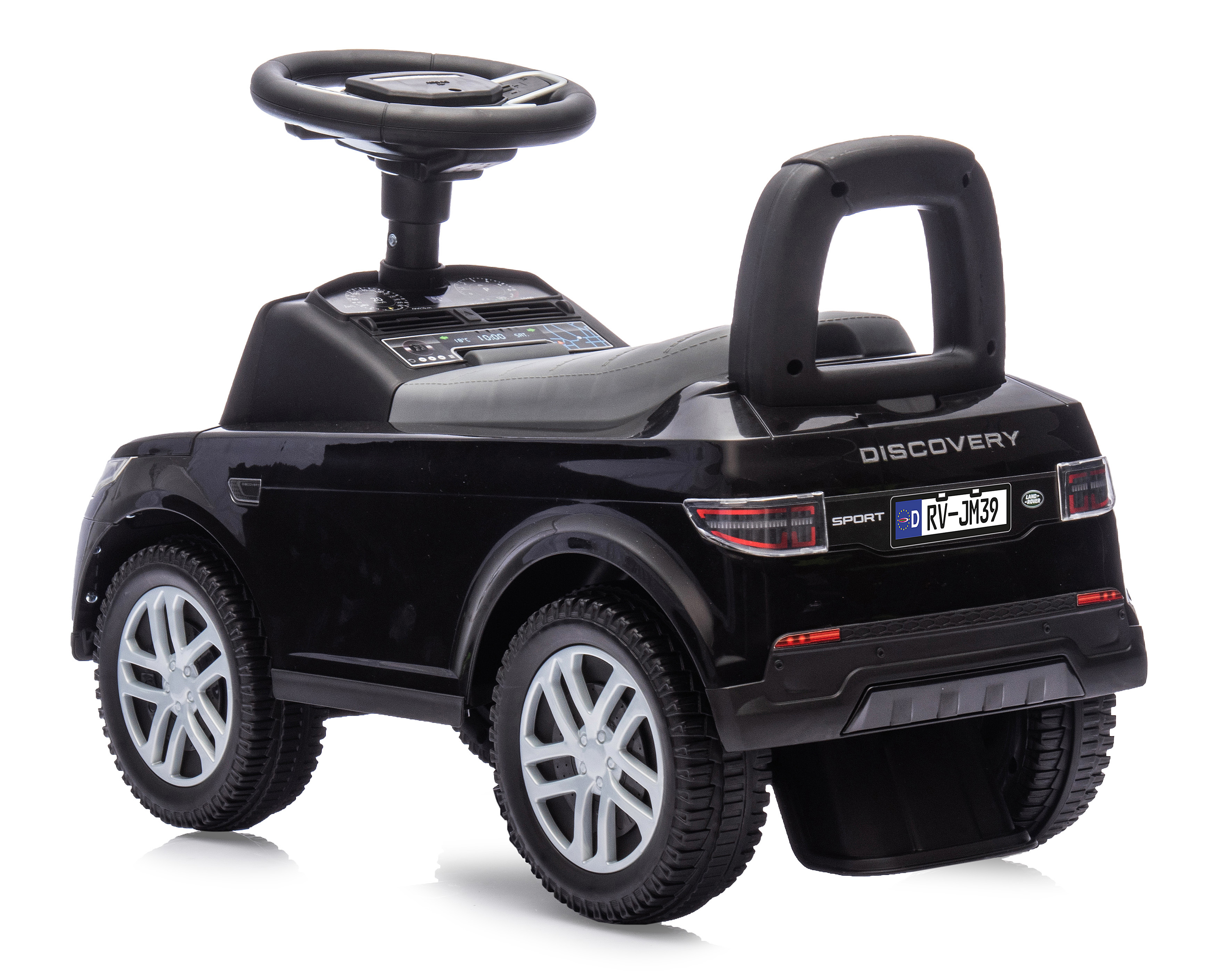Un'auto giocattolo nera con ruote bianche. Ha un volante, una maniglia e una targa.