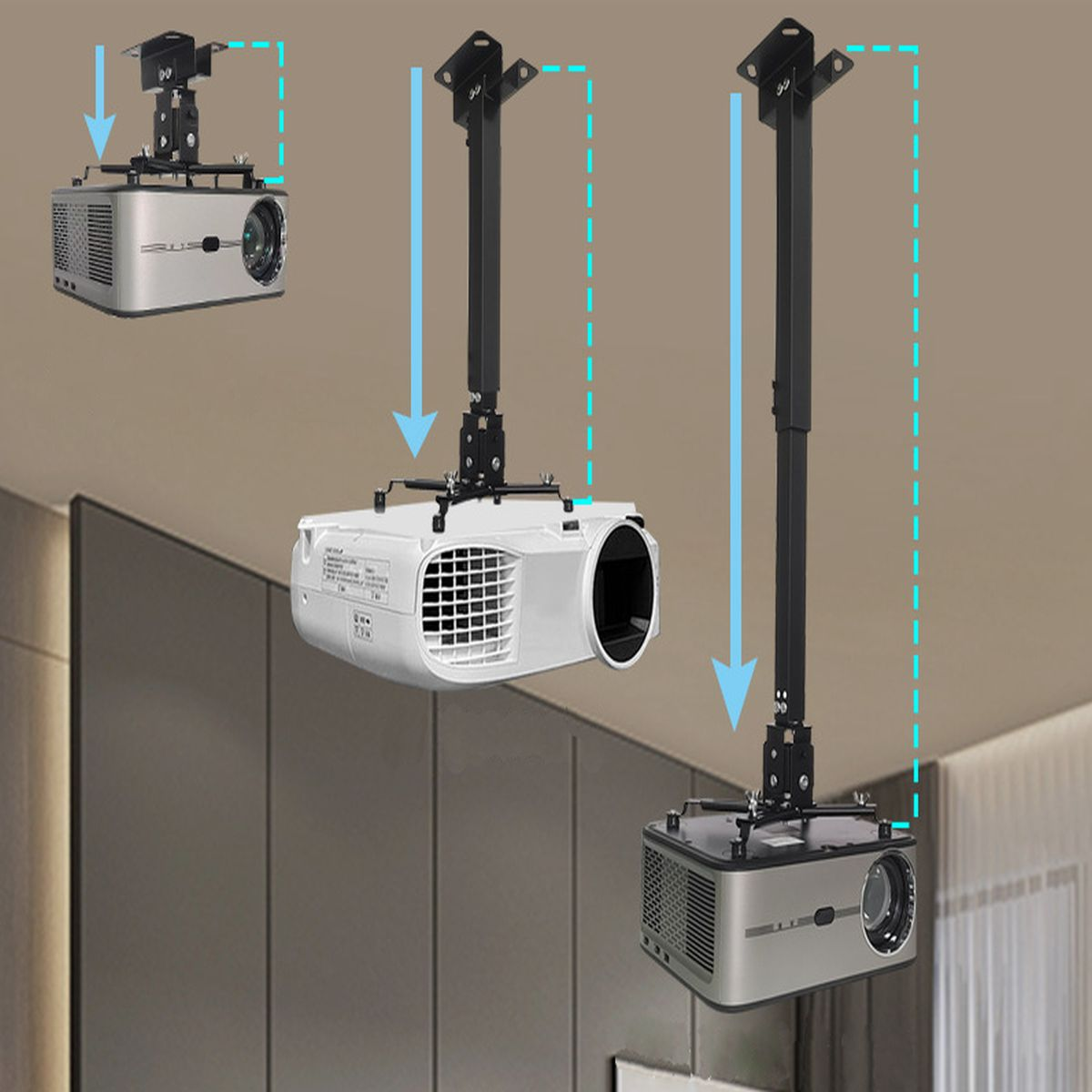 Proiettori appesi al soffitto. Vengono mostrati tre proiettori, ciascuno montato con una staffa metallica. Le frecce indicano il montaggio.
