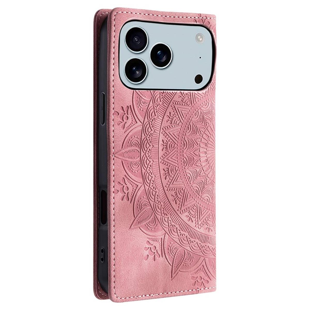 Rosa Handyhülle mit Mandala-Design. Sie ist offen und zeigt die Kameralinsen des Telefons.