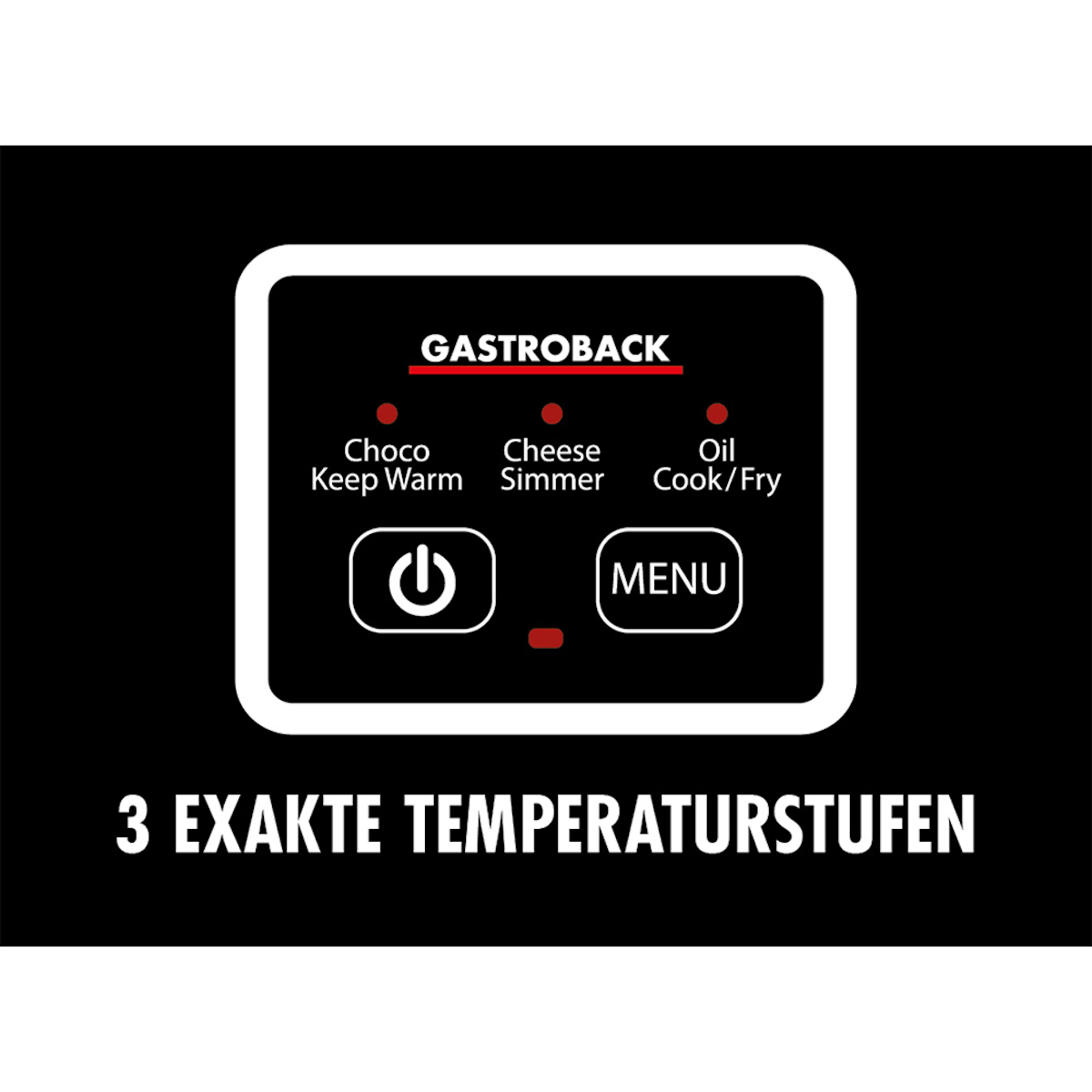 Bedienfeld mit 'GASTROBACK'-Logo, Optionen für Choco, Käse, Öl, Ein/Aus-Taste, Menü-Taste und '3 EXAKTE TEMPERATURSTUFEN'.