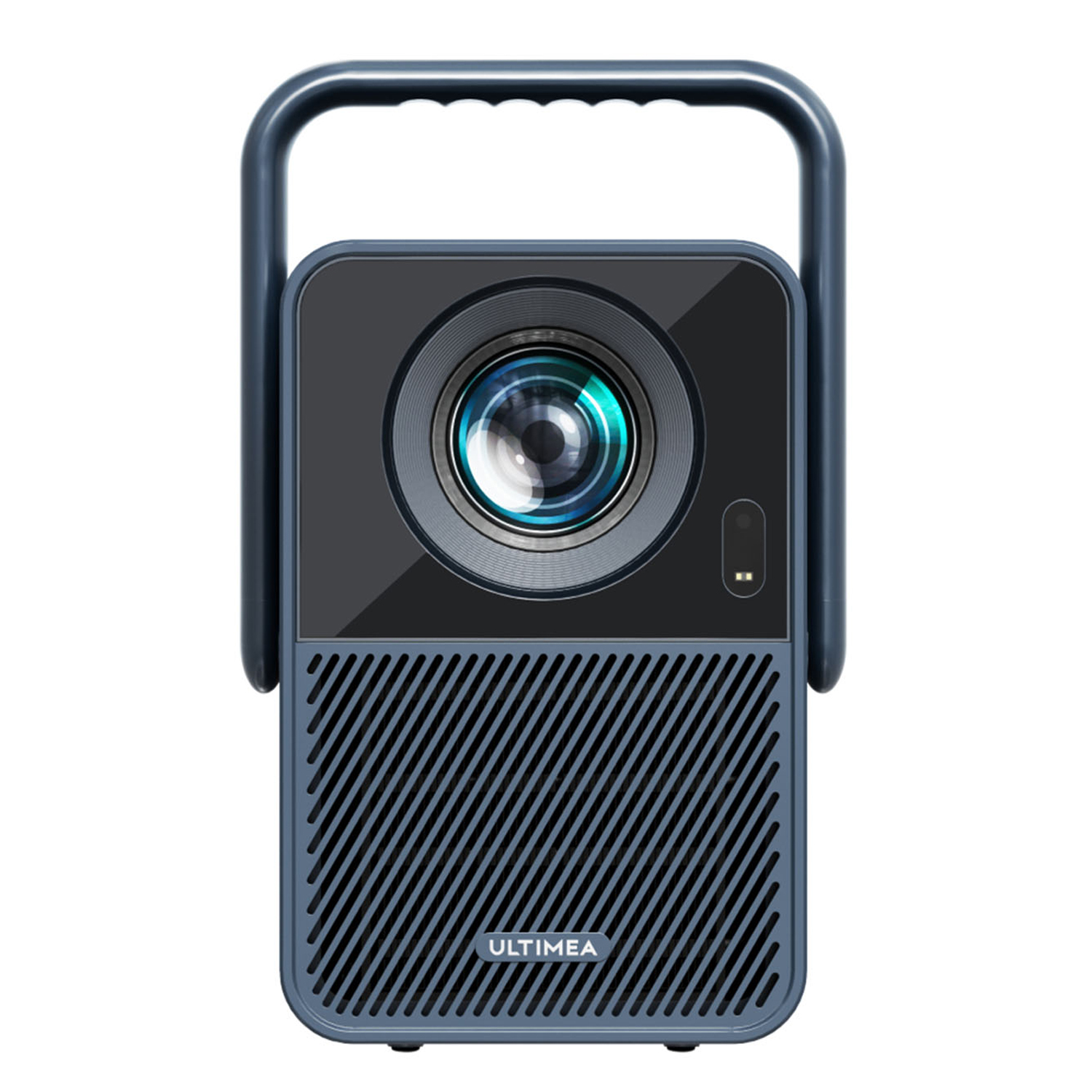 Ciemnoniebieski projektor z uchwytem. Posiada obiektyw, kratkę głośnika i nazwę marki 'ULTIMEA'.