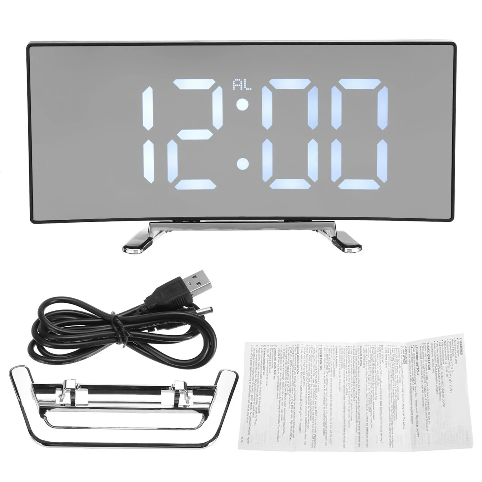 Eine Digitaluhr zeigt 12:00 Uhr an. Darunter sind ein Ständer, ein USB-Kabel und eine Anleitung.