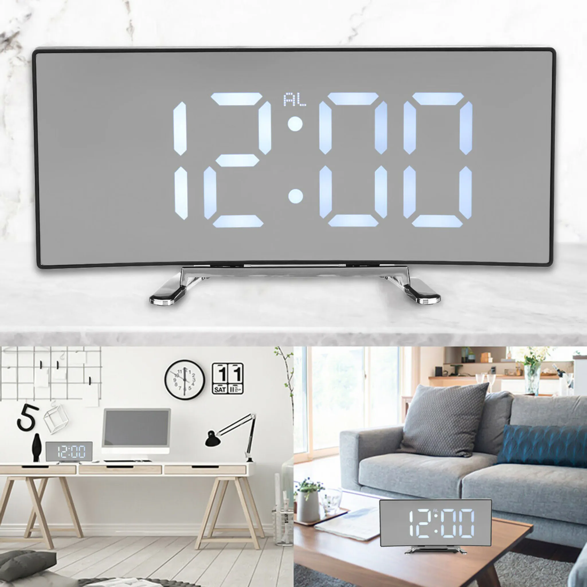 Digitale Uhr, die 12:00 anzeigt. Zeigt die Zeit mit weißen Ziffern. Enthält einen Schreibtisch, ein Sofa und andere Uhren in der Szene.