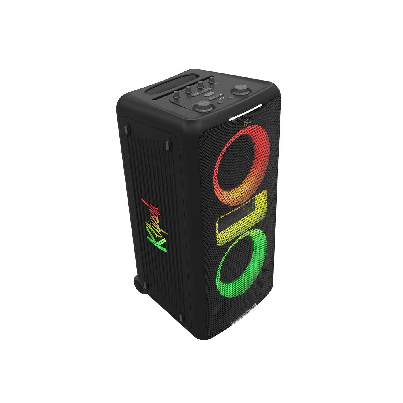 Altoparlante nero con luci colorate. Controlli in alto. Logo Klipsch sul lato. Ruote in basso.