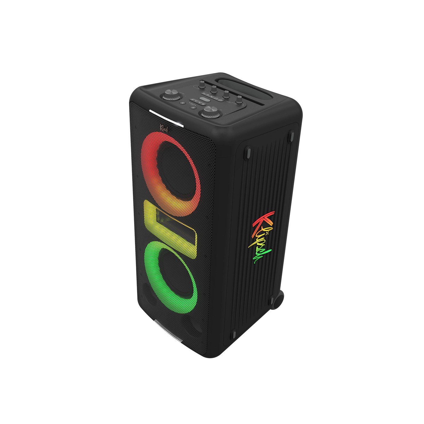 Altoparlante Klipsch nero con luci colorate. La parte superiore ha i controlli. Logo Klipsch sul lato. Ruote in basso.