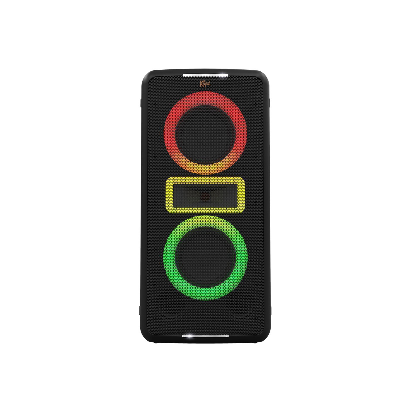 Altoparlante nero con tre luci: cerchio rosso, rettangolo giallo e cerchio verde. L'altoparlante ha una parte anteriore a rete e sfondo bianco.
