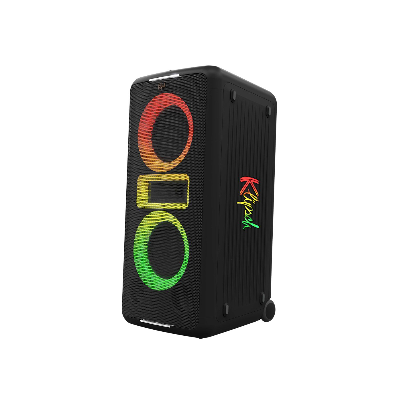 Altoparlante Klipsch nero con luci colorate. Ha una parte anteriore in rete, un logo e ruote. Le luci passano dal rosso al verde.