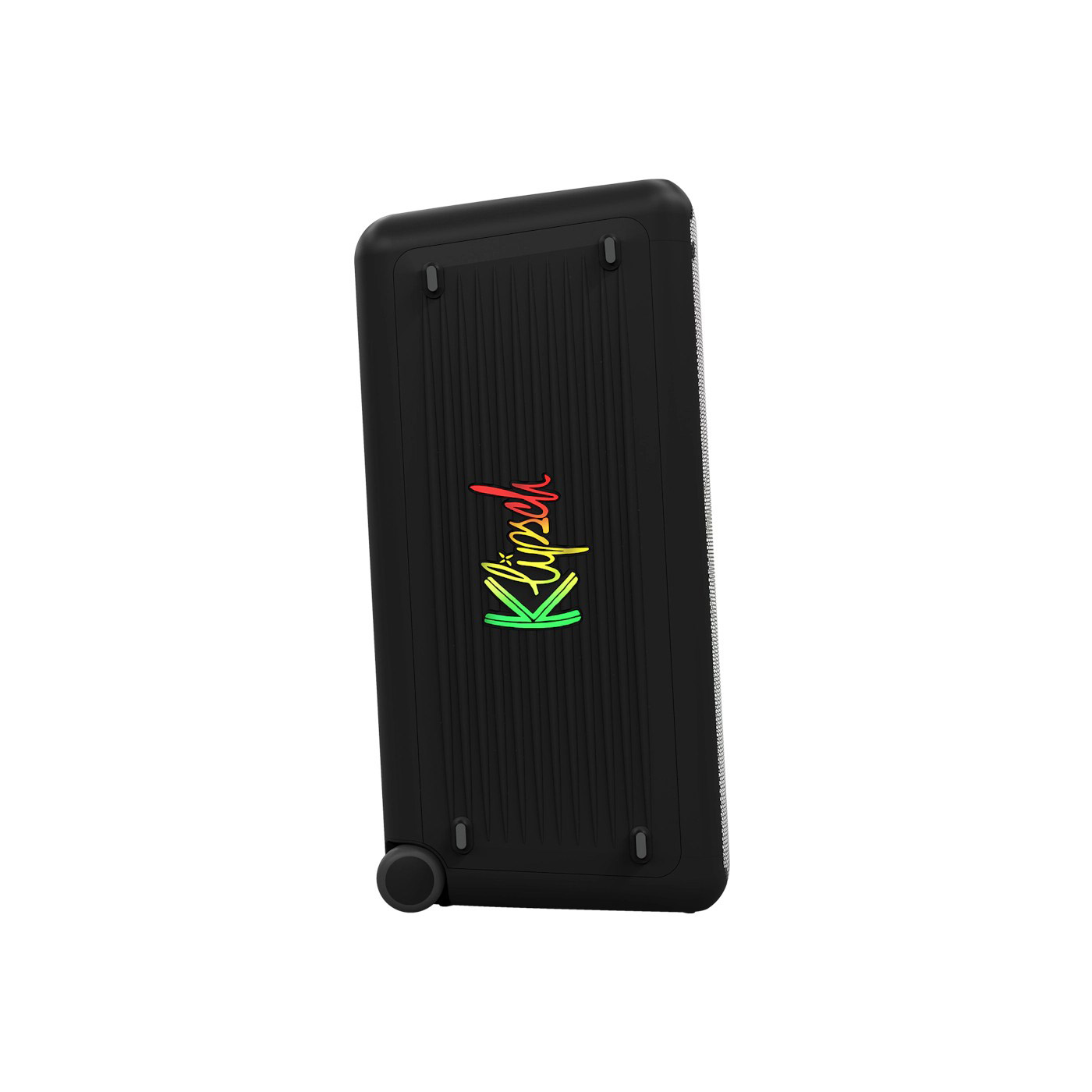 Altoparlante Klipsch nero con logo del marchio giallo, verde e rosso. Ha una ruota e una superficie a coste.