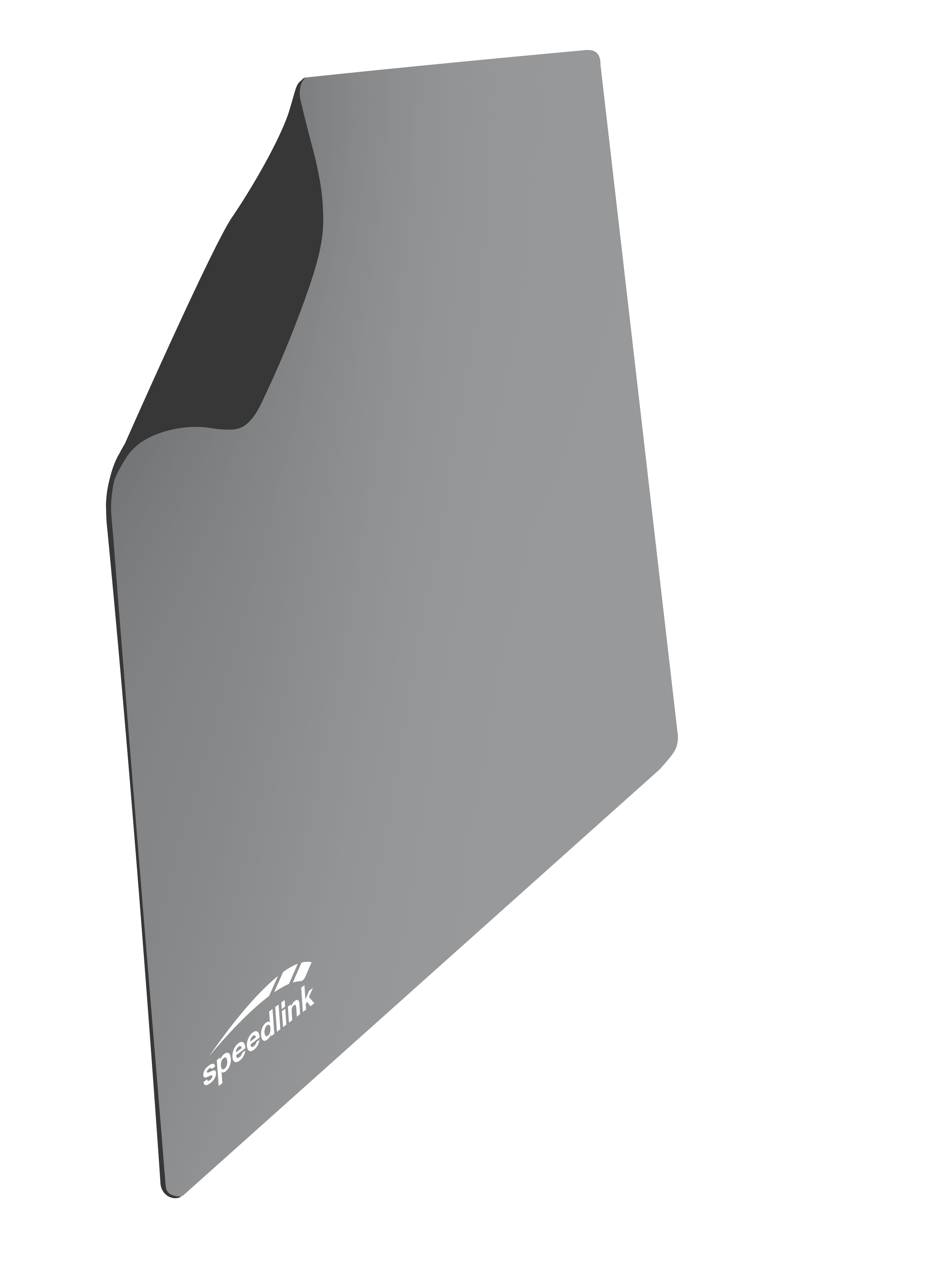 Graues Mousepad mit schwarzem Rand, Speedlink-Logo unten links. Weißer Hintergrund.