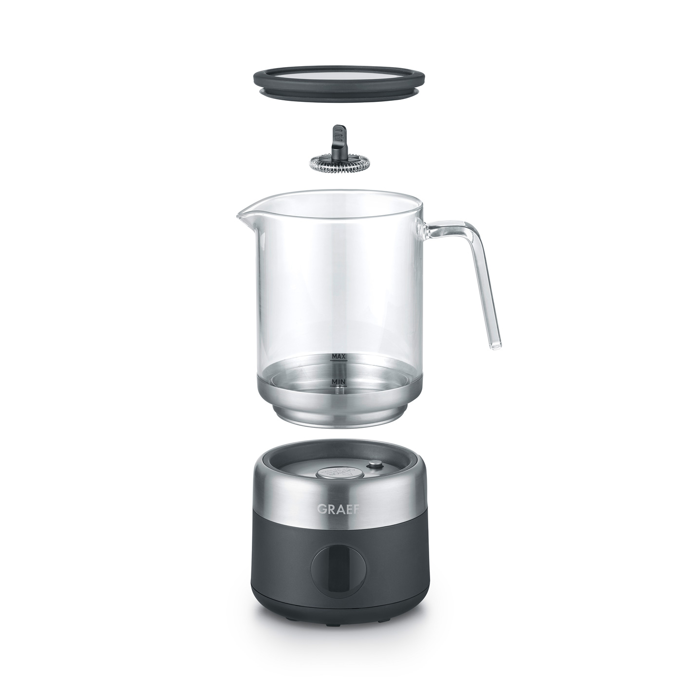 Vue éclatée d'un mousseur à lait. Comprend une carafe en verre, un couvercle noir, un accessoire mousseur et une base GRAEF.