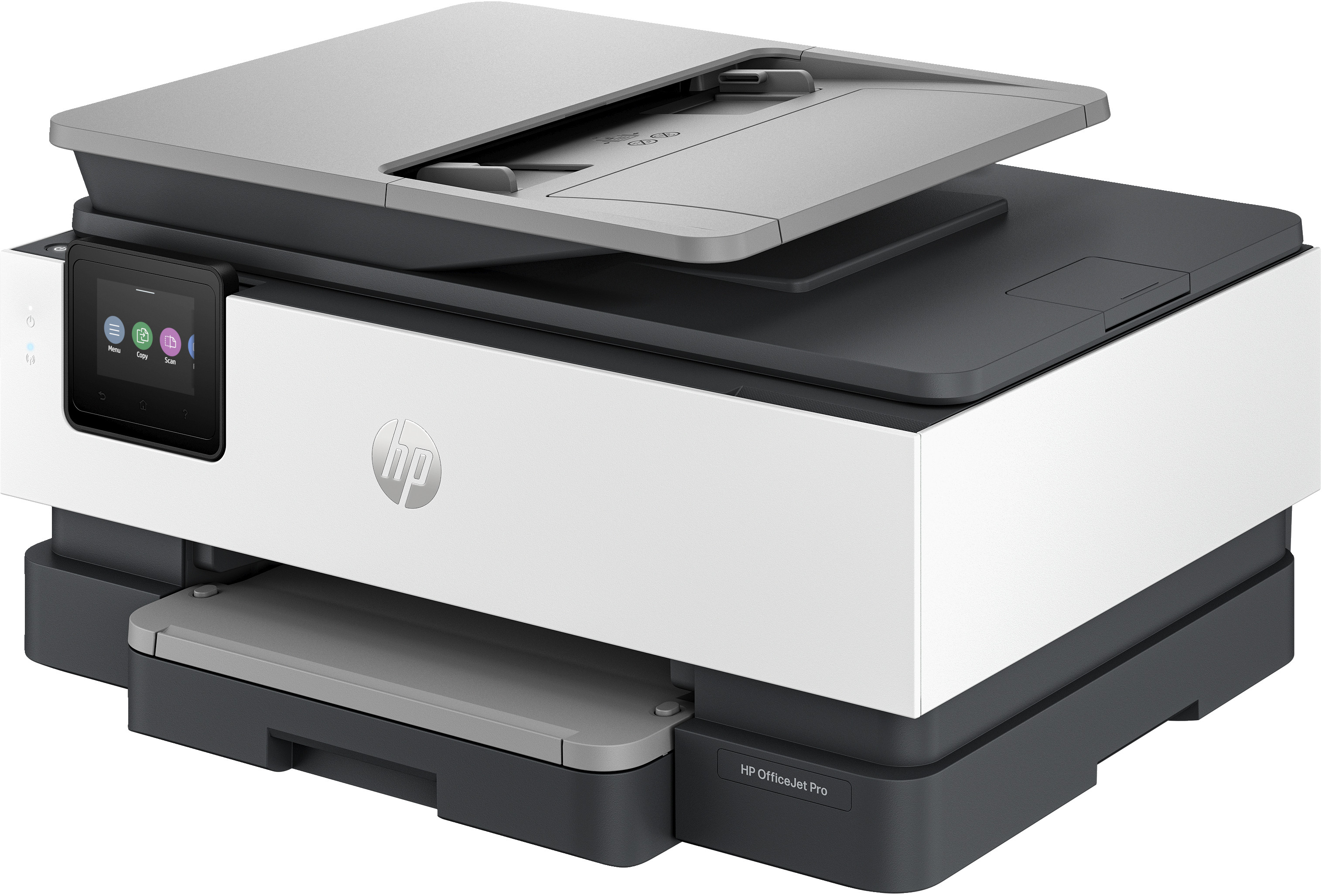 Açık tarayıcı kapağı ve dokunmatik ekranlı beyaz ve siyah bir HP OfficeJet Pro yazıcı.