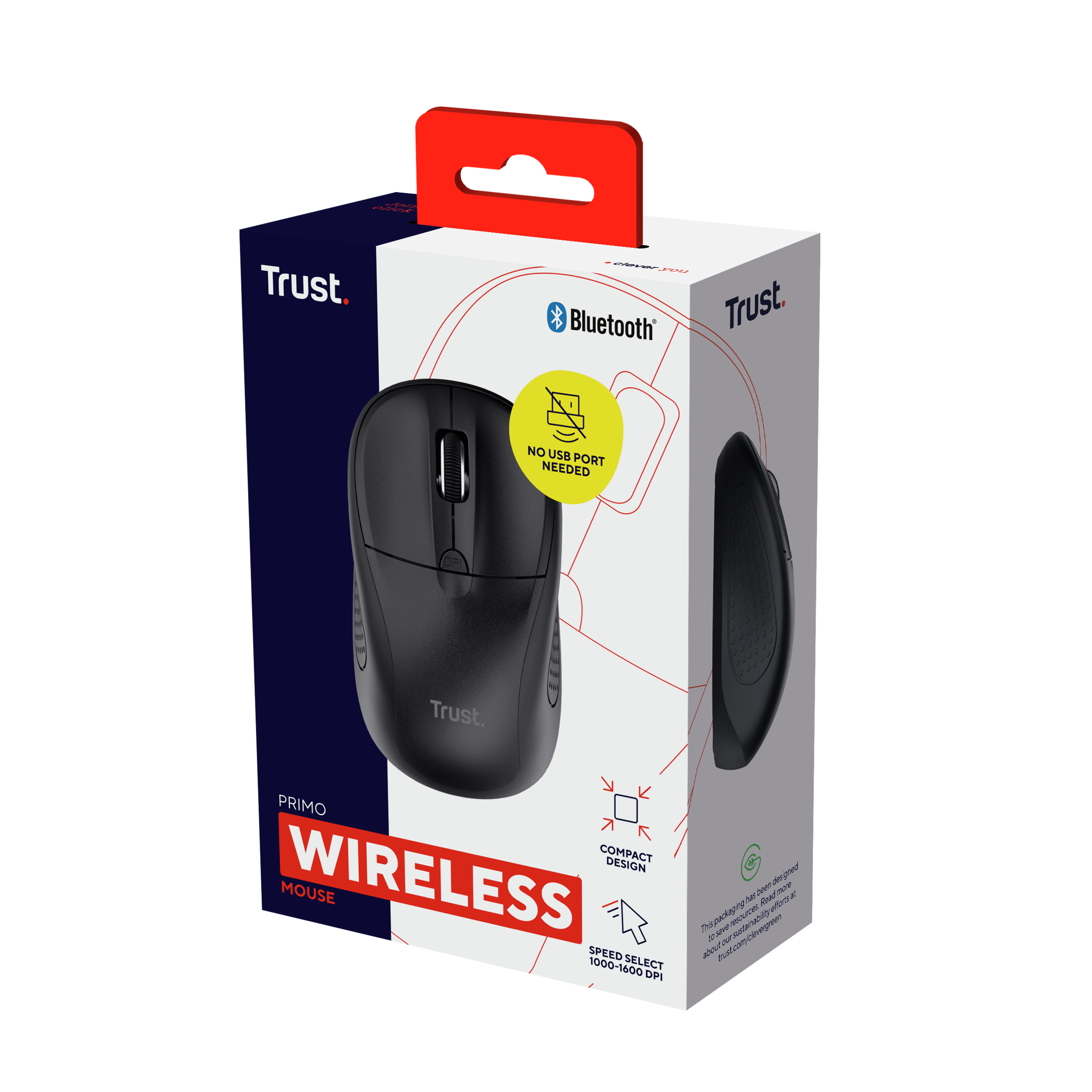 Pudełko z czarną myszą bezprzewodową. Pudełko ma logo Bluetooth i markę Trust. Kompaktowa konstrukcja.