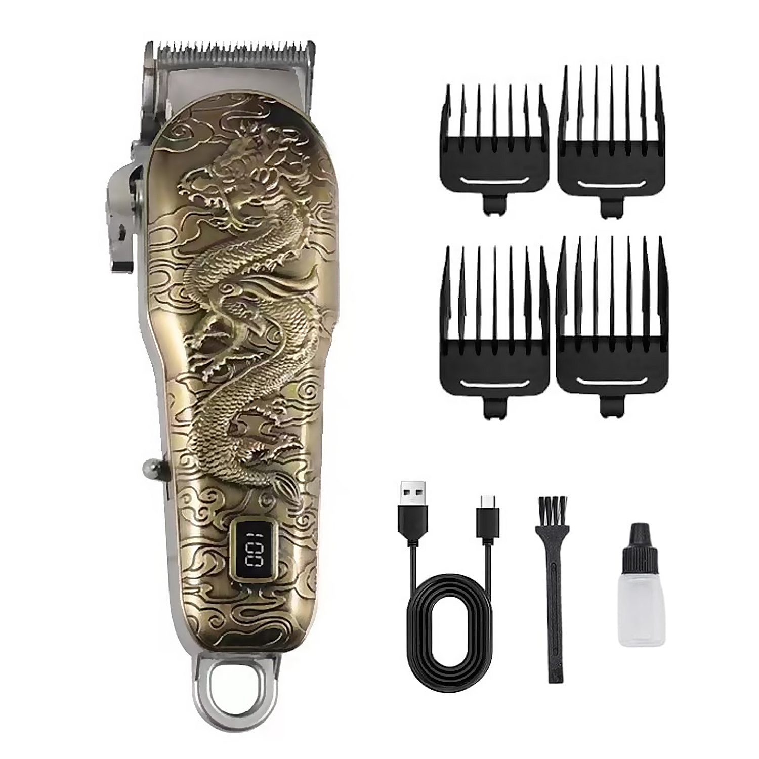 Goldener Haarschneider mit Drachendesign, vier schwarze Kammaufsätze, USB-Kabel, Bürste und Ölflasche.