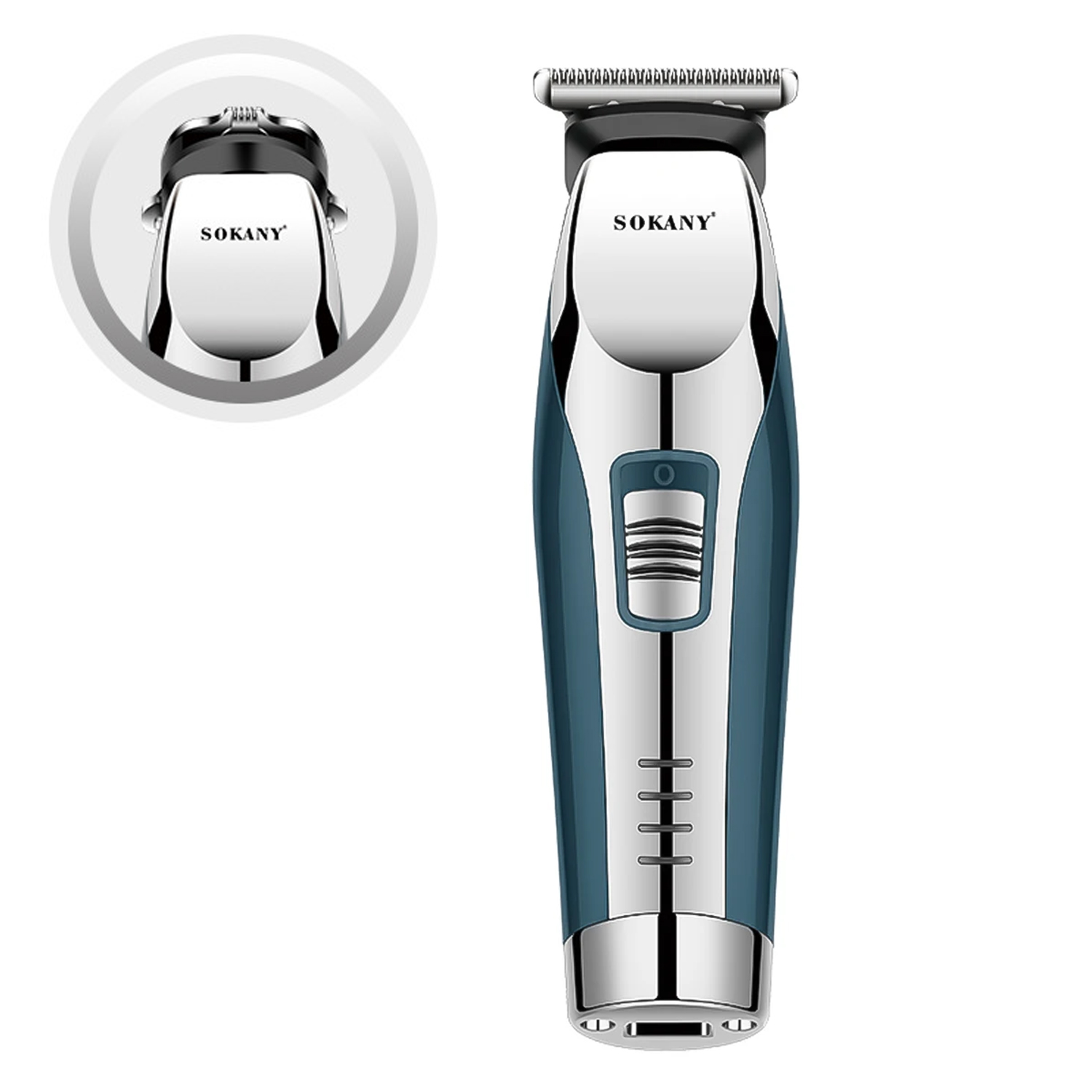 Elektrischer Haartrimmer in Blau und Silber. Enthält eine Nahaufnahme des Trimmerkopfes und das 'SOKANY'-Logo.