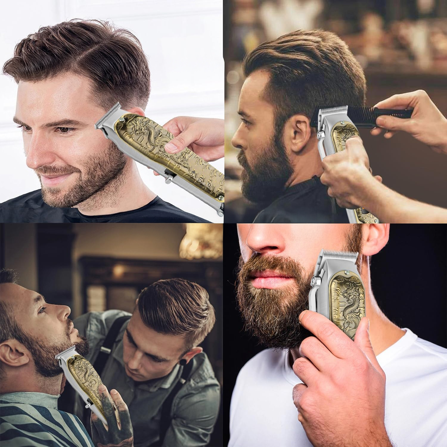 Männer bekommen Haarschnitte und Barttrimms mit einem detaillierten goldenen Clipper. Szenen beinhalten Haare und Barttrimmen in einem Friseursalon.