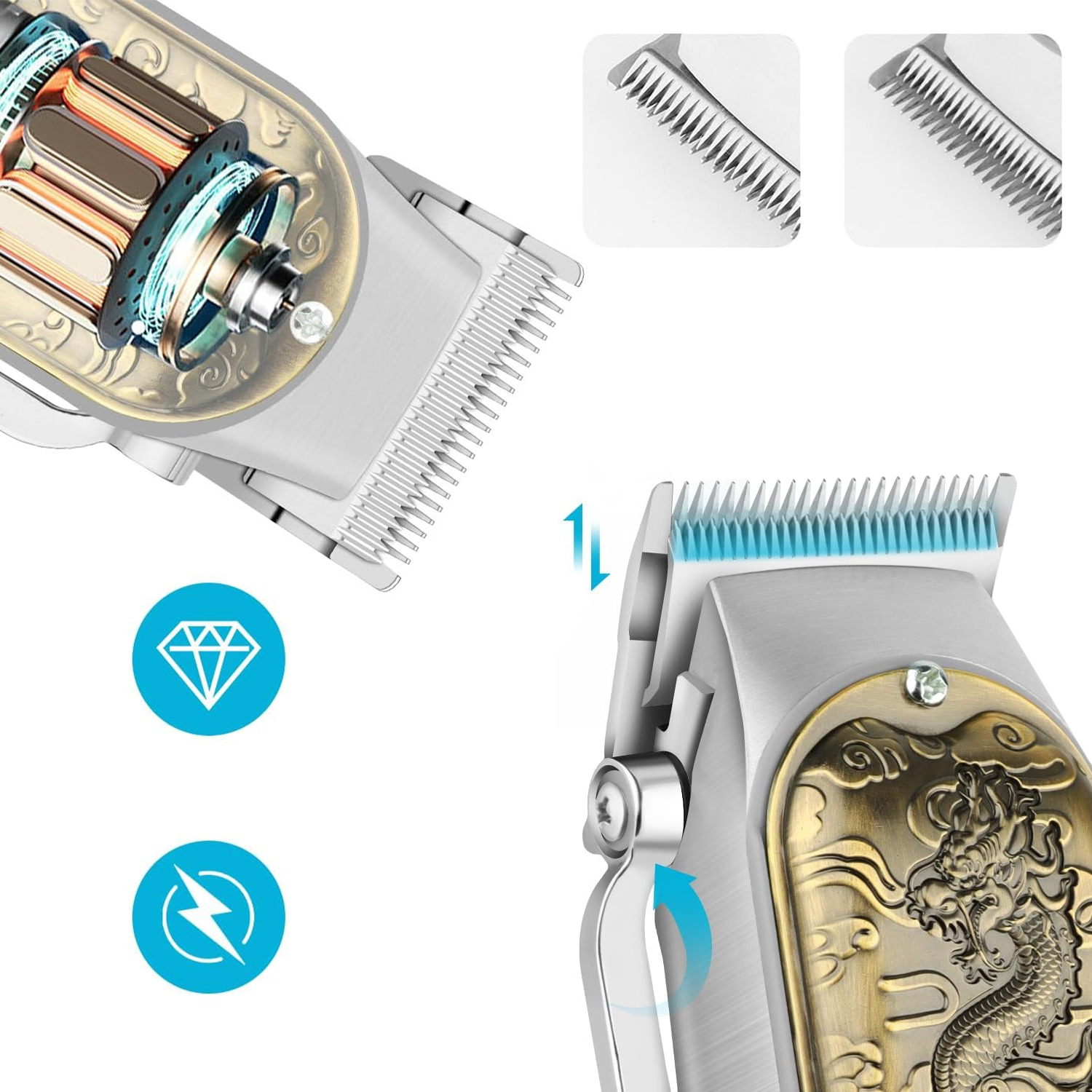 Nahaufnahme eines silber-goldenen Haarschneiders mit Drachendesign. Zwei kleine Scherköpfe darüber. Blaue Symbole links.