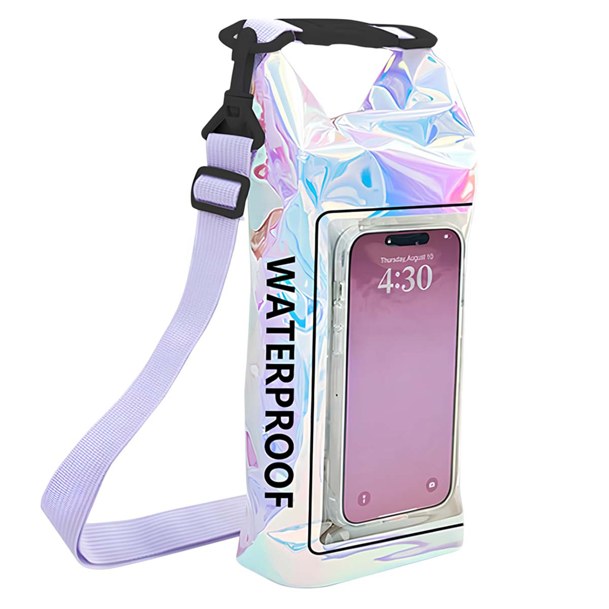 Una borsa impermeabile per telefono con cinturino. La borsa è iridescente, con un telefono visibile all'interno. Il telefono mostra l'ora alle 4:30.
