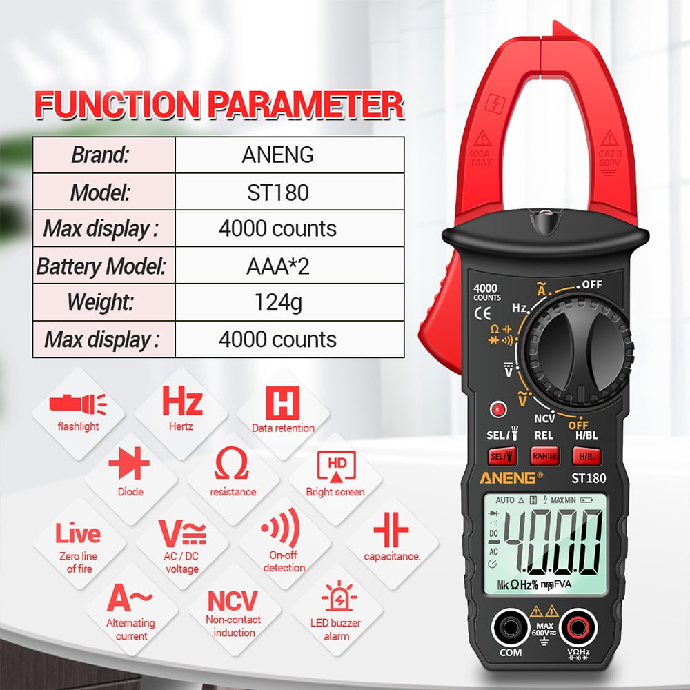 Ein digitales Multimeter mit roter Klemme. Es zeigt Messwerte und Funktionsparameter an. Knöpfe und ein Drehregler sind sichtbar.
