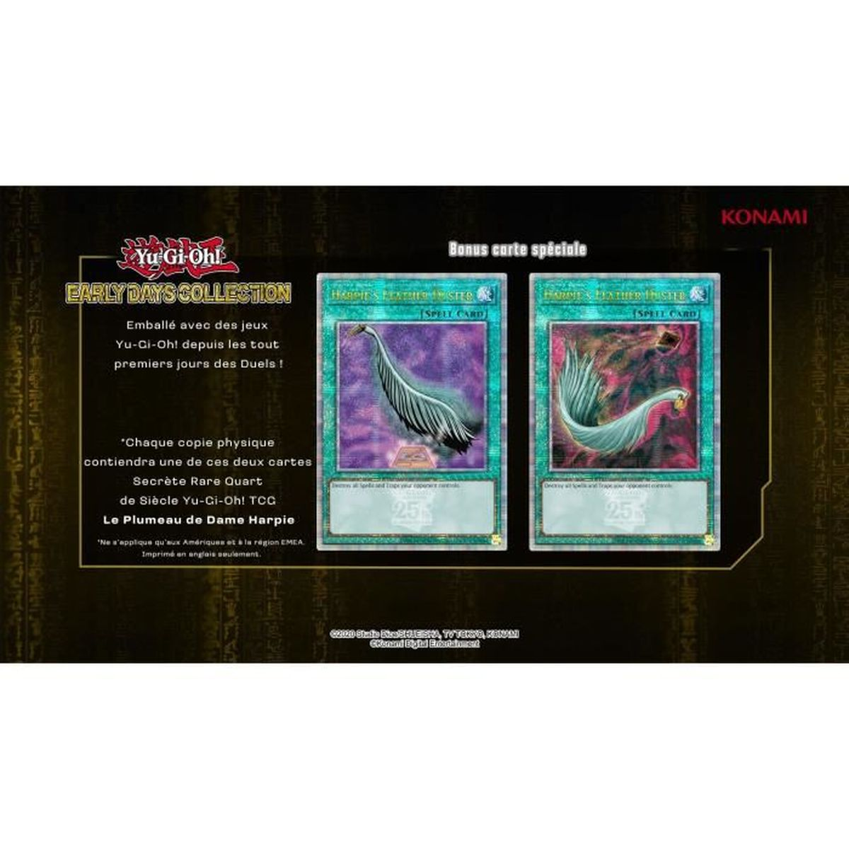 Dwie karty Yu-Gi-Oh! z motywem pióra. Tekst po francusku i angielsku. Karty na ciemnym tle.