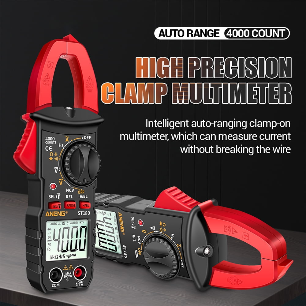 Ein Zangenmultimeter mit rotem und schwarzem Design. Digitalanzeige zeigt Messwerte. Texte: Präzisionszangenmultimeter.