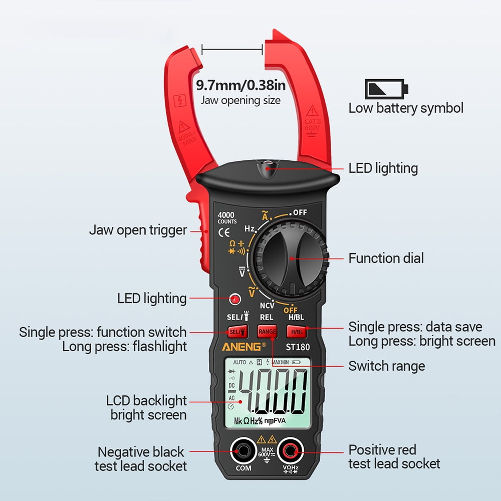 Ein digitales Zangenmultimeter. Es hat eine rote Backe, einen schwarzen Körper, ein LCD, ein Funktionswahlrad und Anschlüsse.