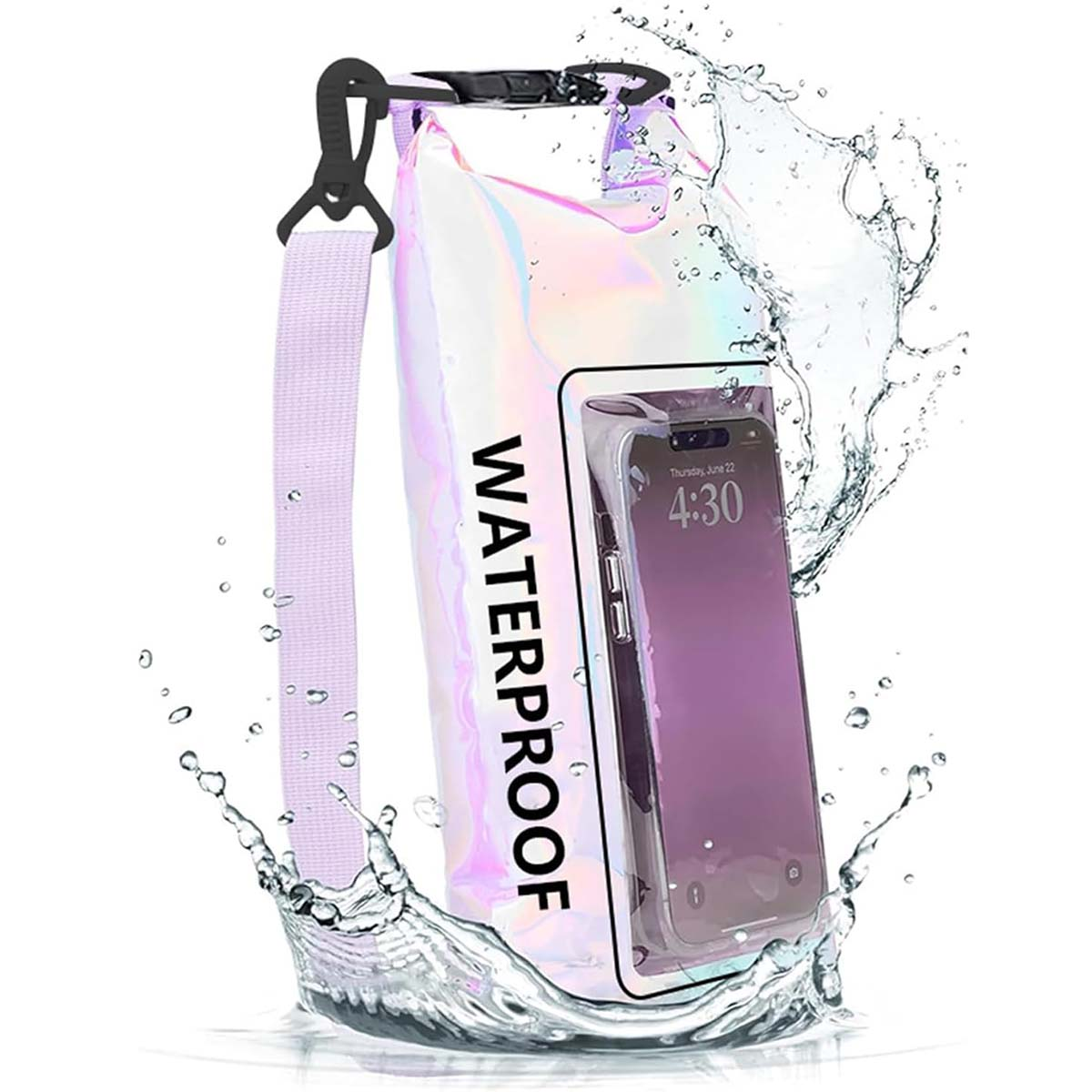 Una custodia impermeabile per telefono con un telefono all'interno è mostrata con spruzzi d'acqua. La custodia ha una cinghia e la parola IMPERMEABILE.
