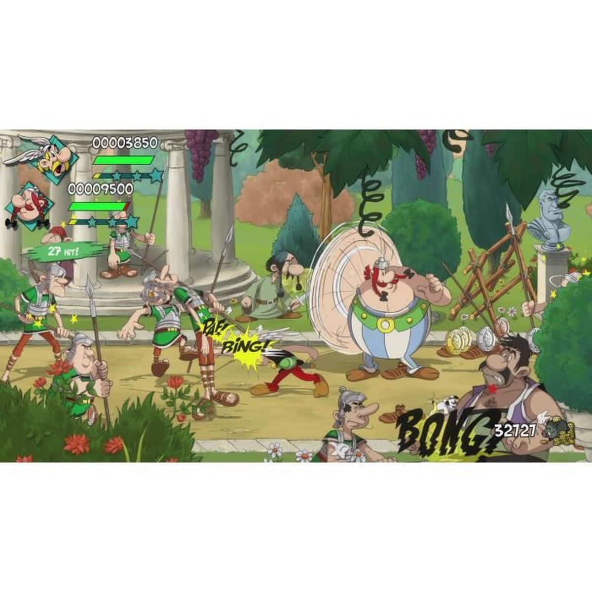 Scena di cartoni animati mostra i personaggi di Asterix in azione, con colori vivaci e pose dinamiche in un giardino.