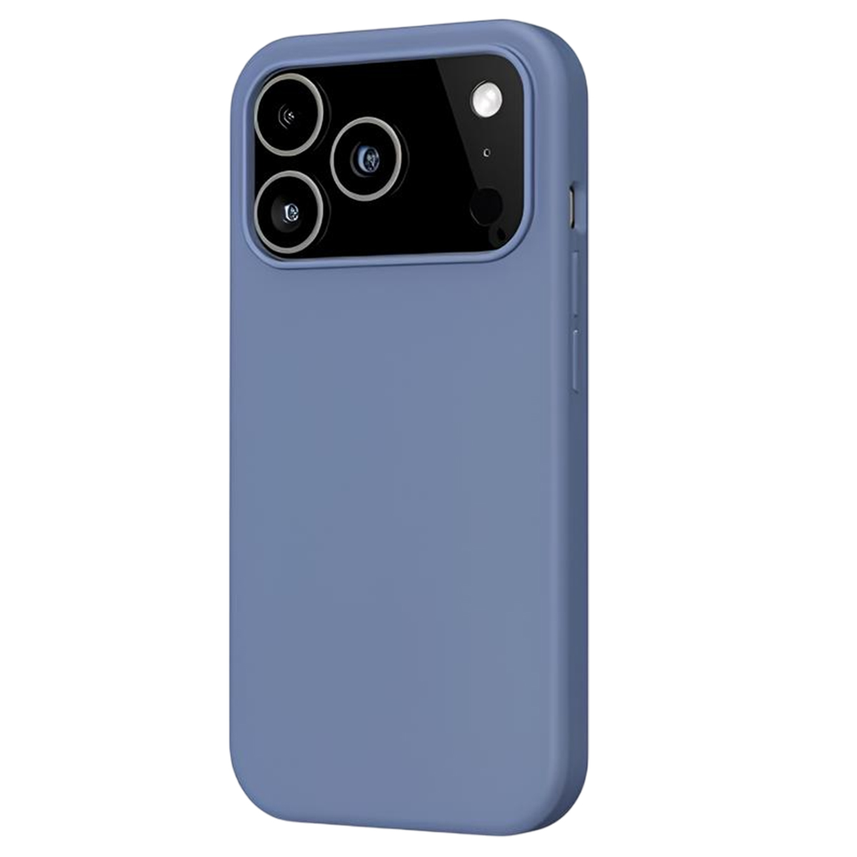 Una custodia blu per telefono con un modulo fotocamera con tre lenti e un flash. La custodia è di colore opaco.