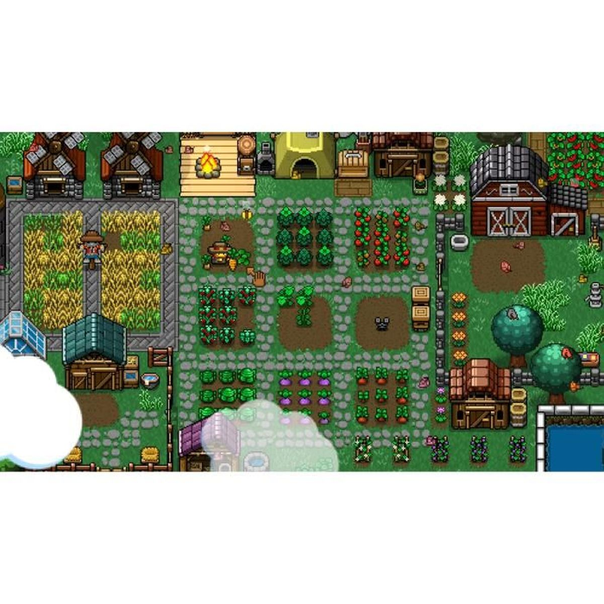 Eine pixelige Bauernhofszene mit Feldfrüchten, Gebäuden und einem Bauern. Felder mit Mais, Tomaten und anderem Gemüse sind sichtbar. Ein Lagerfeuer brennt.