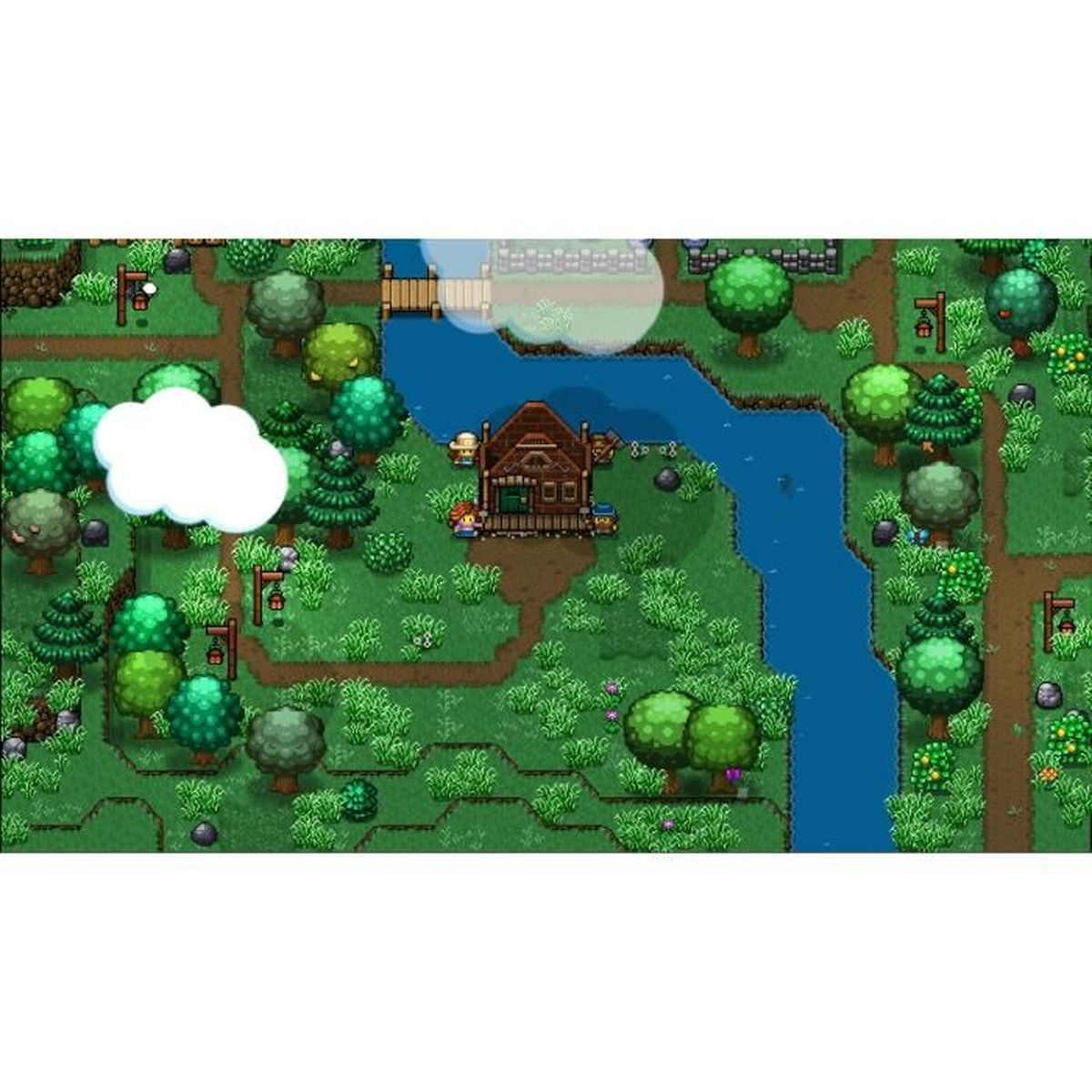 Draufsicht auf eine pixelige Spielszene. Ein Fluss fließt durch einen Wald. Am Ufer steht ein Haus, mit Bäumen und einer Brücke.