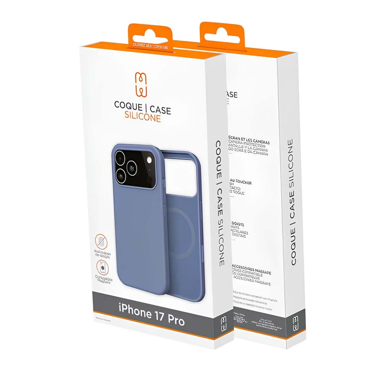 Una scatola di custodia per telefono con una custodia blu. Il testo recita 'COQUE | CASE SILICONE' e 'iPhone 17 Pro'.