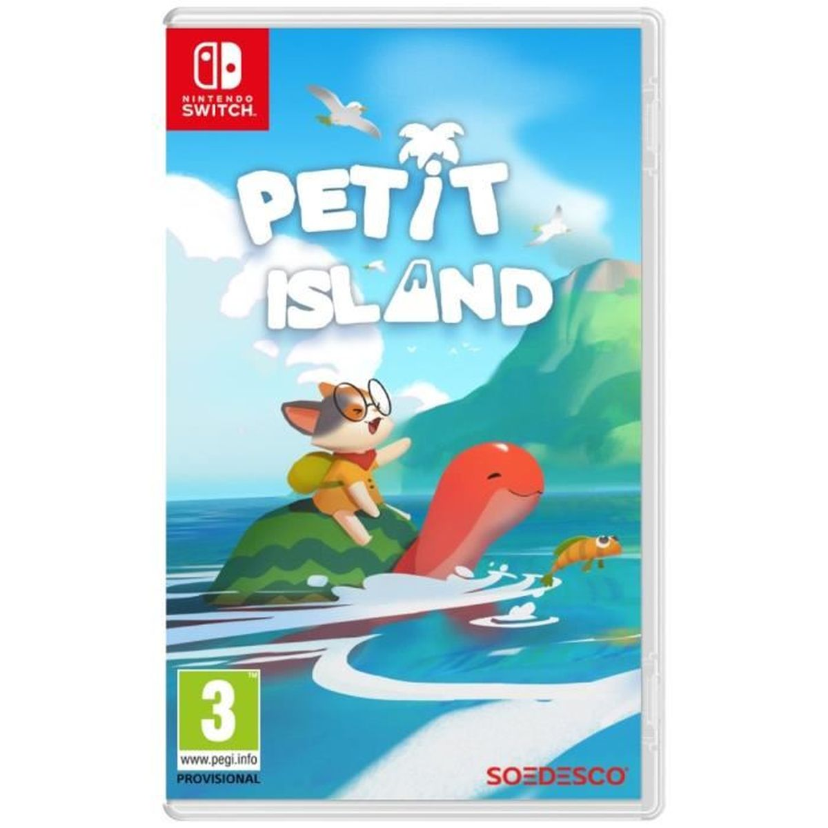 Grafika pudełka gry Petit Island na Nintendo Switch. Widoczna mysz z kreskówki na żółwiu, czerwony delfin i ryba.