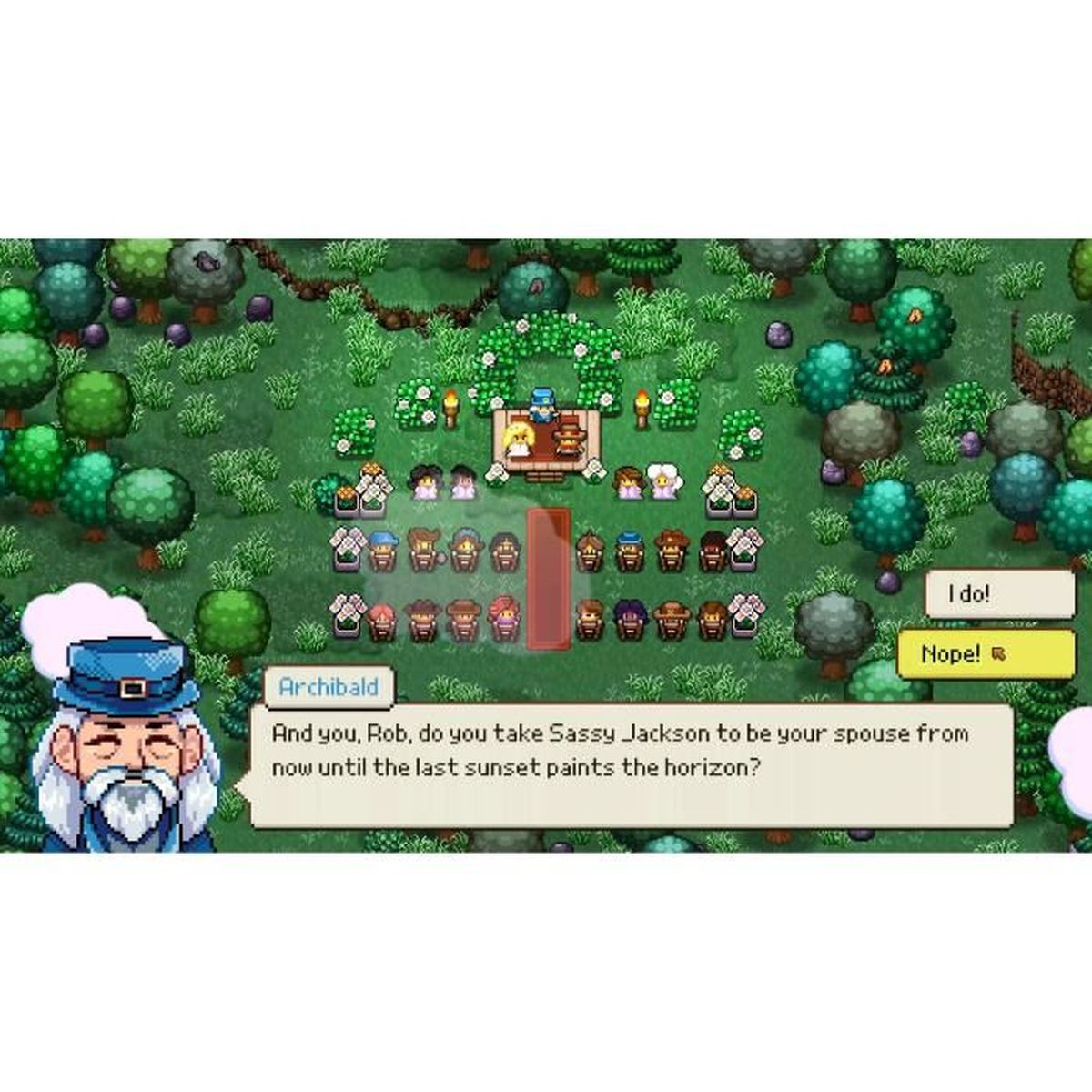 Eine Hochzeitsszene aus einem Spiel mit Pixelgrafik. Charaktere stehen in Reihen. Textblase sagt: „Und du, Rob, nimmst du Sassy Jackson…“