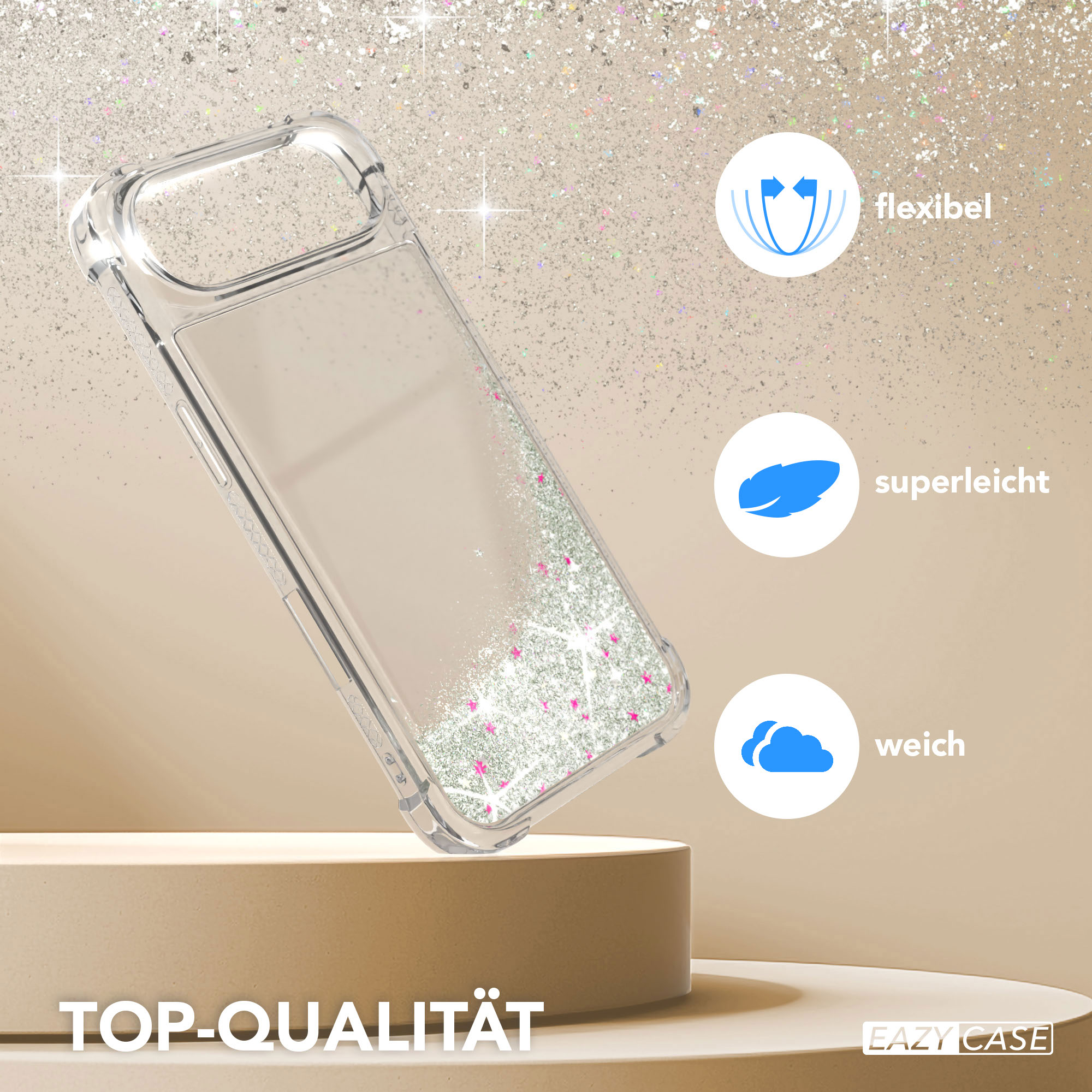 Eine transparente Handyhülle mit Glitzer und rosa Sternen. Auf einem beigen Ständer. Wörter: flexibel, leicht, weich.