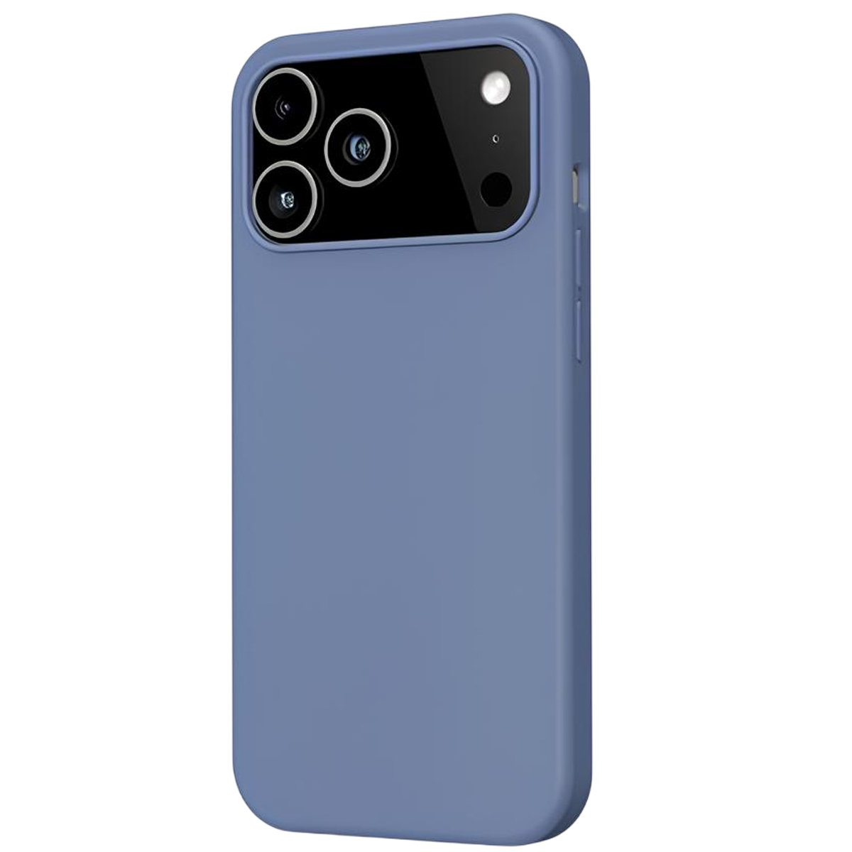 Una custodia blu per telefono con modulo fotocamera. La custodia è liscia e ha angoli arrotondati. Il modulo ha tre lenti e un flash.