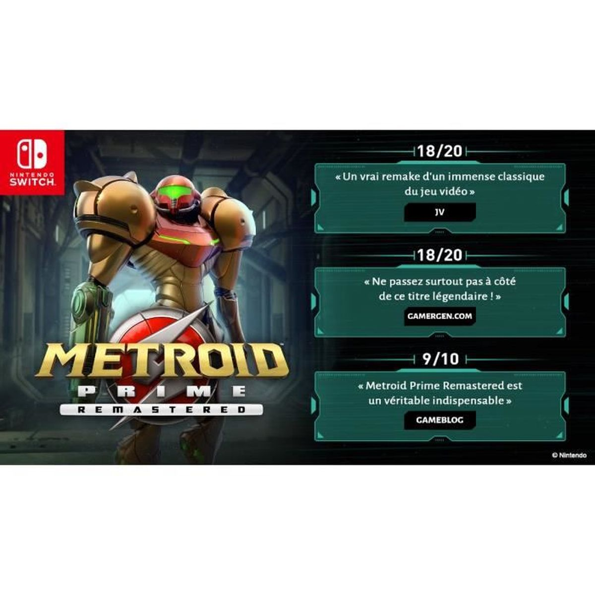 Okładka gry Metroid Prime Remastered. Postać w złotym kostiumie. Recenzje z ocenami są obecne.