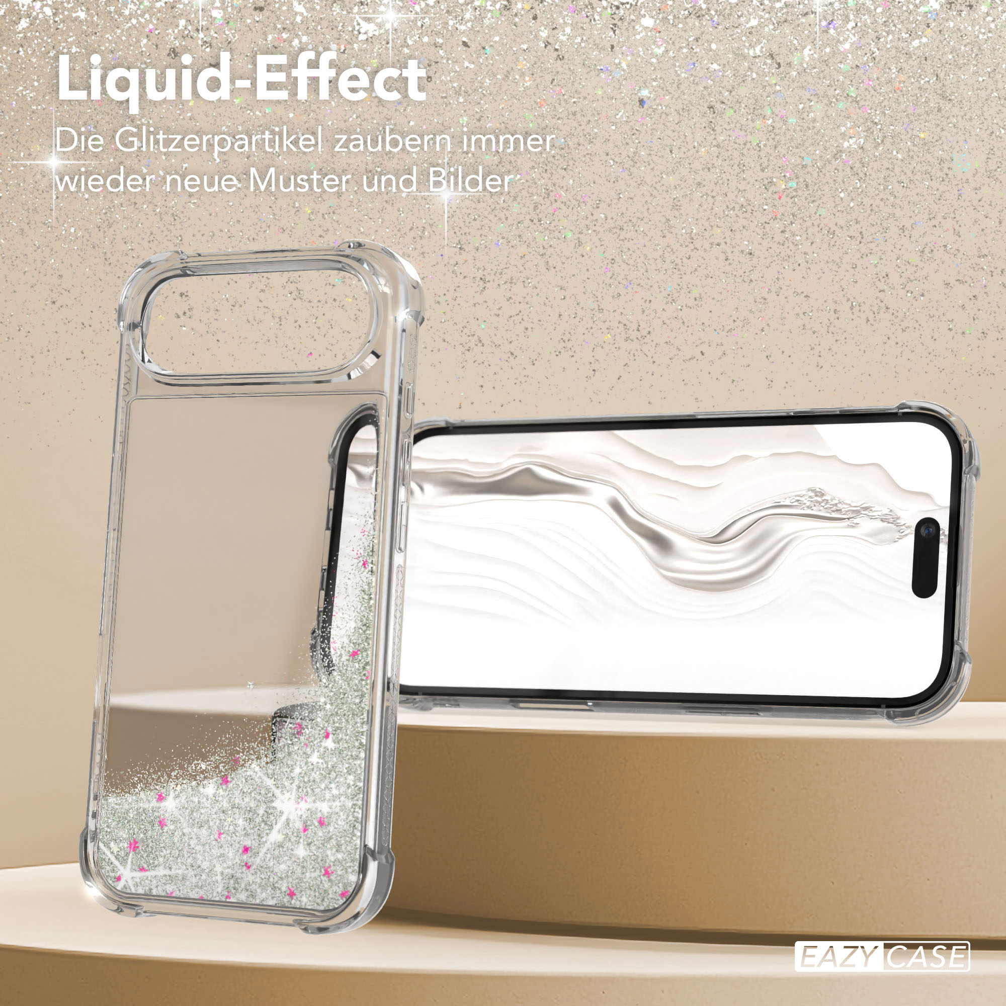 Transparente Handyhülle mit Glitzer und einem Handy mit weißem Bildschirm. Der Hintergrund ist glitzernd.