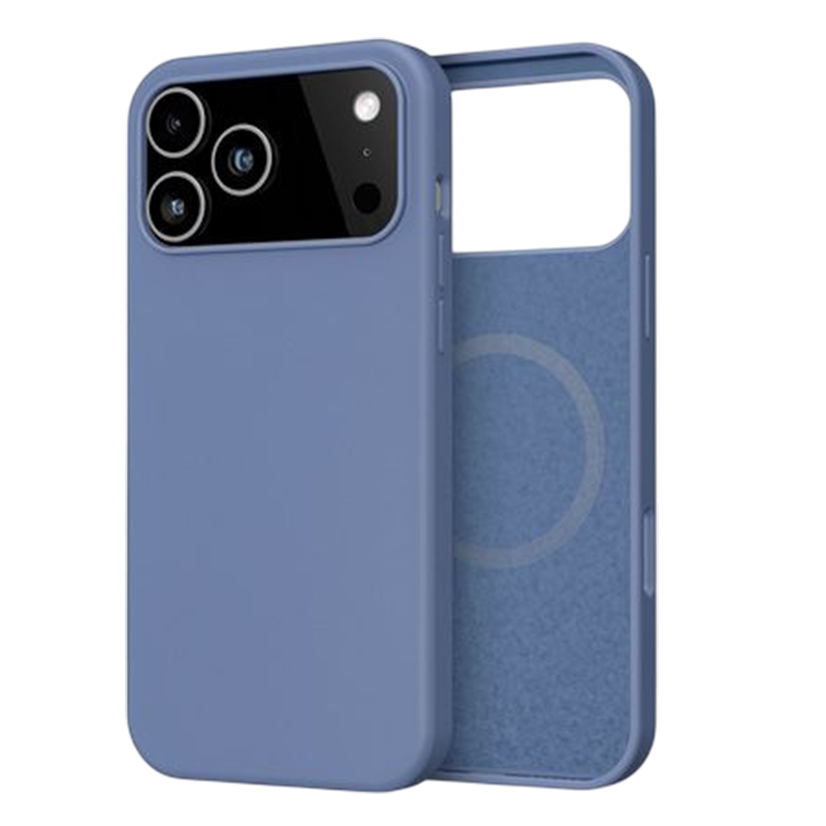 Una custodia blu per telefono con un ritaglio per la fotocamera. La custodia è aperta, mostrando l'interno e un anello bianco. Sfondo bianco.