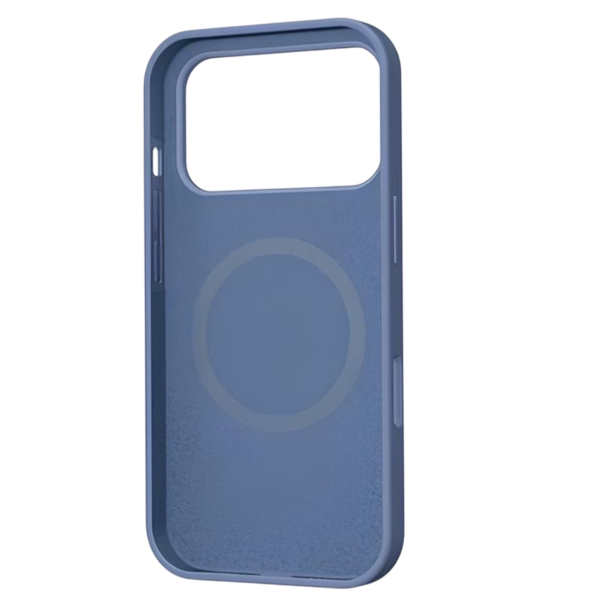 Una custodia blu per telefono con un ritaglio per la fotocamera trasparente e un design circolare sul retro. Su sfondo bianco.