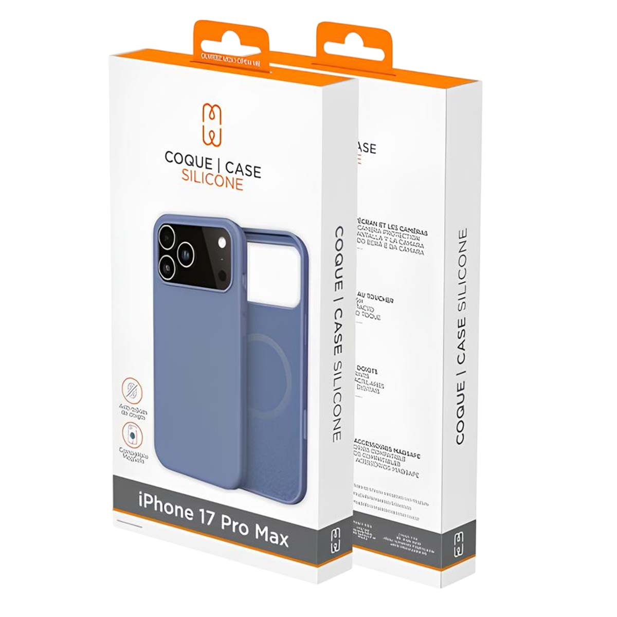 Due scatole di custodie per telefoni. Una mostra una custodia blu per iPhone 17 Pro Max. Testo: COQUE | CASE SILICONE. Le scatole sono bianche e arancioni.