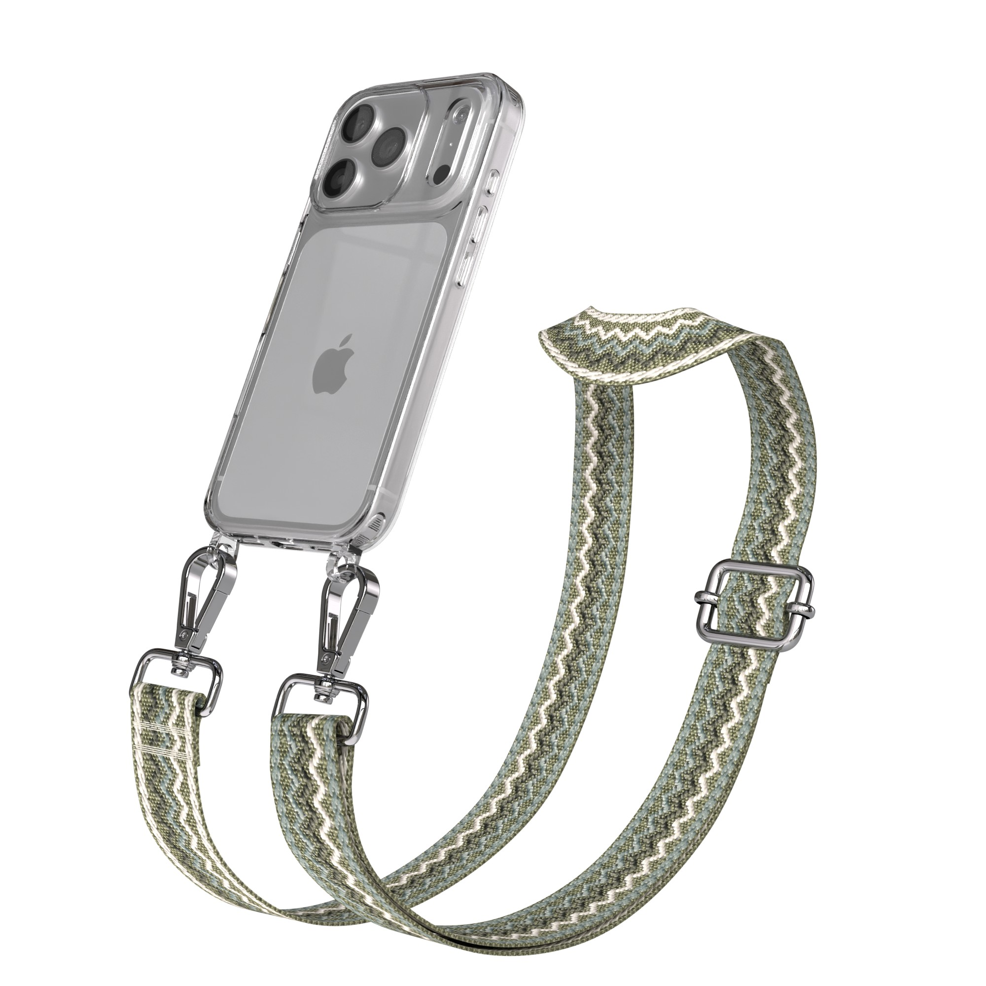Transparente Handyhülle mit Band. Das Band ist grün, weiß und grau. Das Telefon ist ein silbernes iPhone. Silberne Verschlüsse verbinden das Band mit der Hülle.