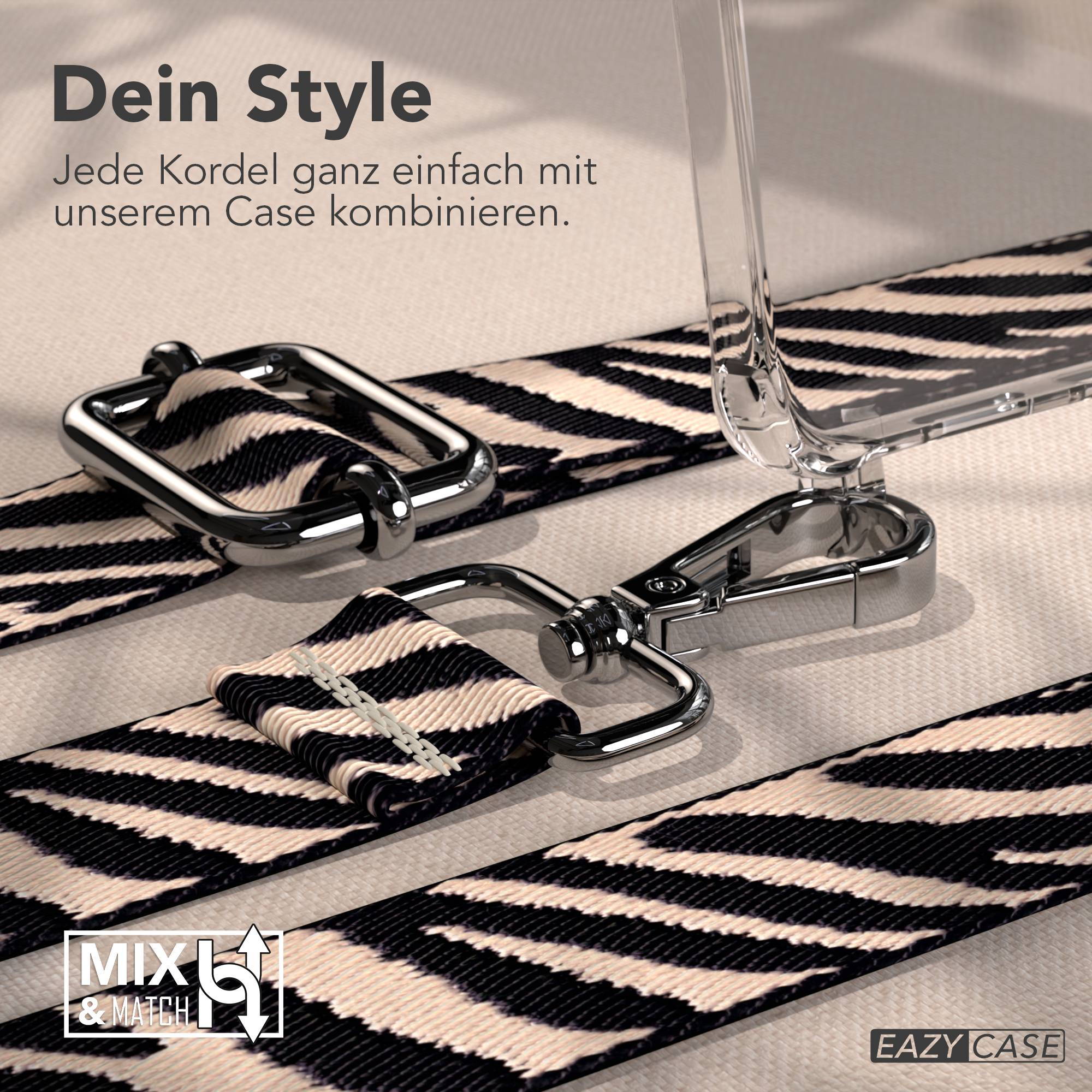 Handyband mit Zebra-Streifen und Metallverschlüssen sowie eine transparente Handyhülle. Text: Dein Style, Mix & Match, Eazy Case.