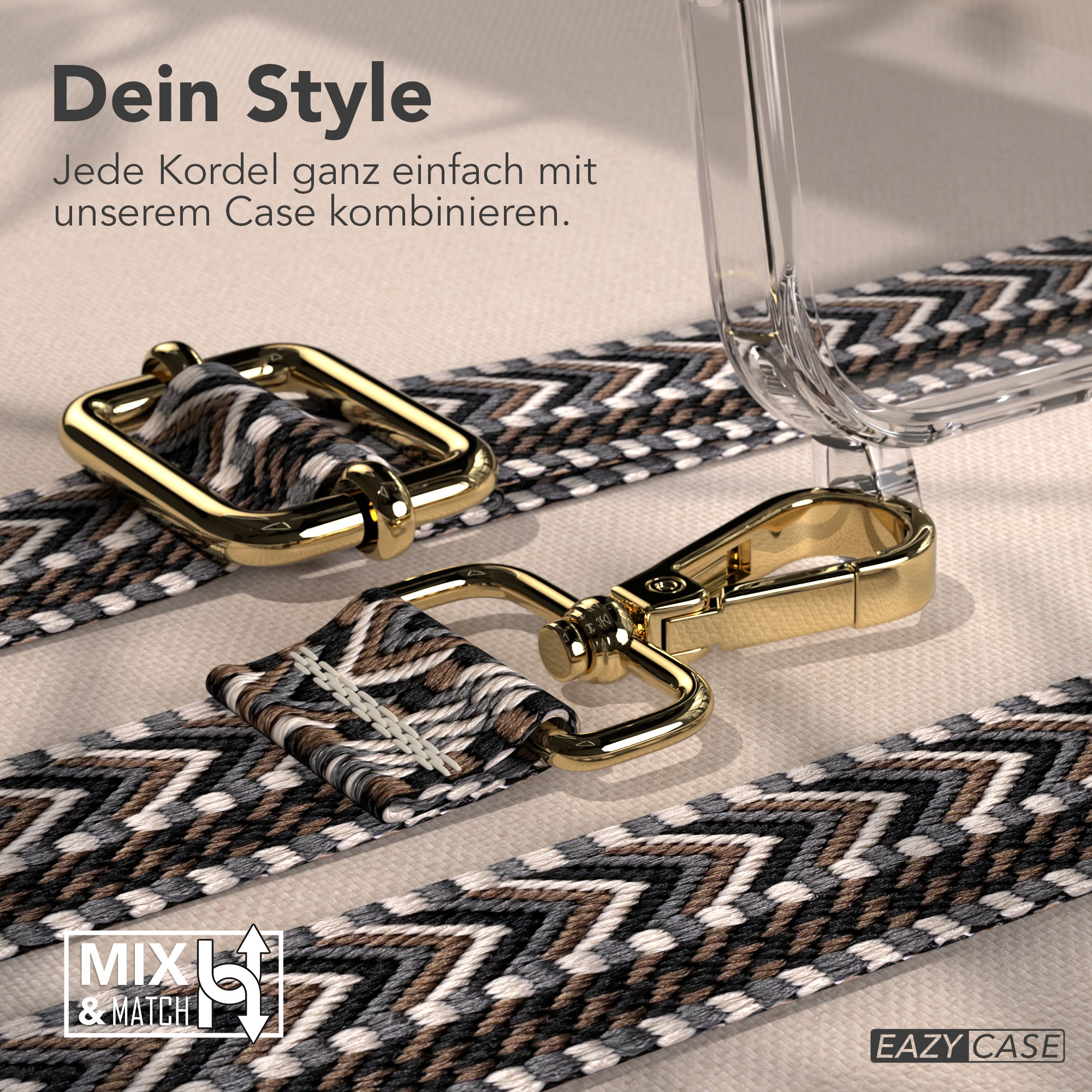 Goldene Hardware und gemusterter Riemen für eine Handyhülle. Text: Dein Style, Mix & Match und Eazy Case.