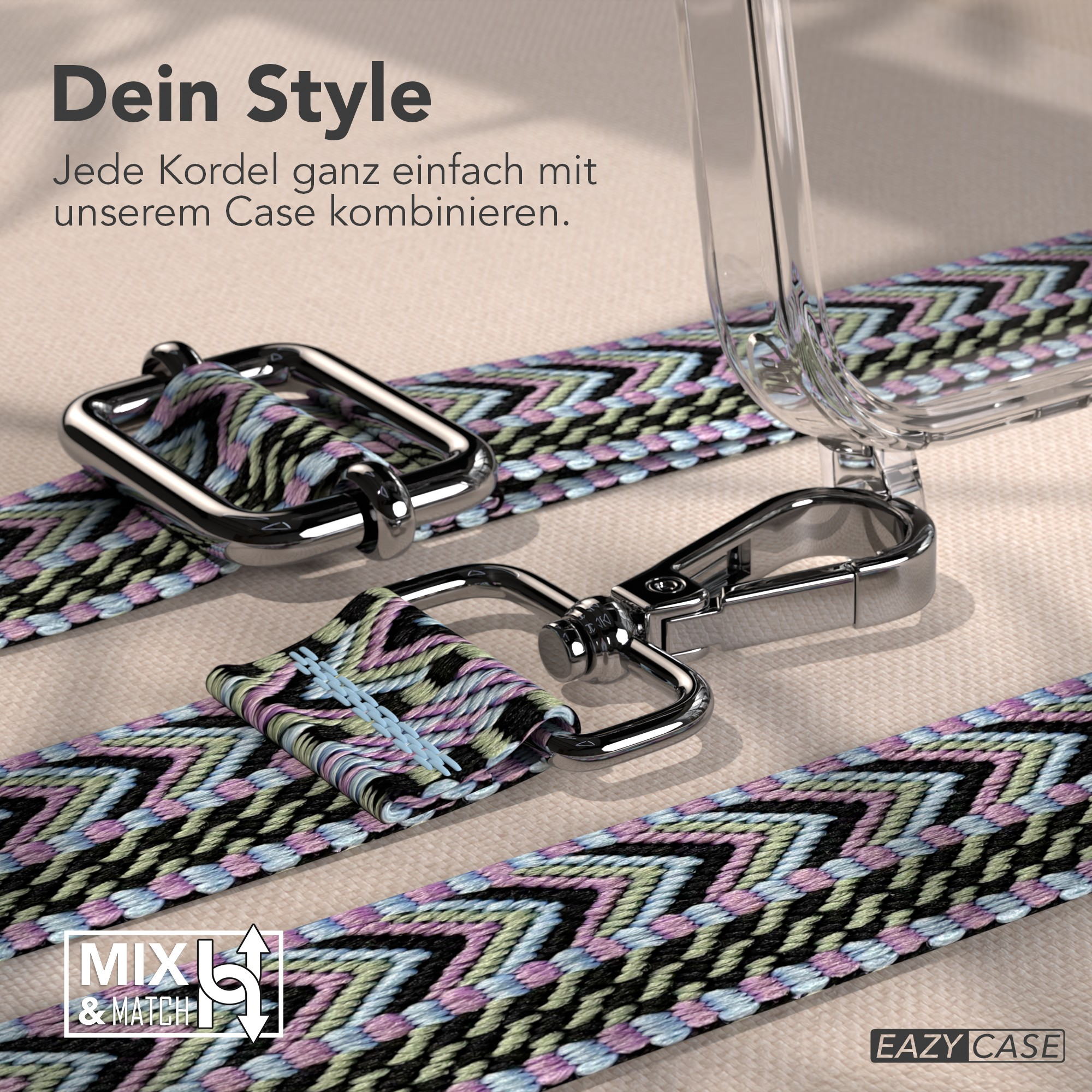 Ein Telefoncase mit einem bunten Riemen. Der Riemen hat einen silbernen Verschluss. Der Text lautet 'Dein Style' und 'MIX & MATCH'.