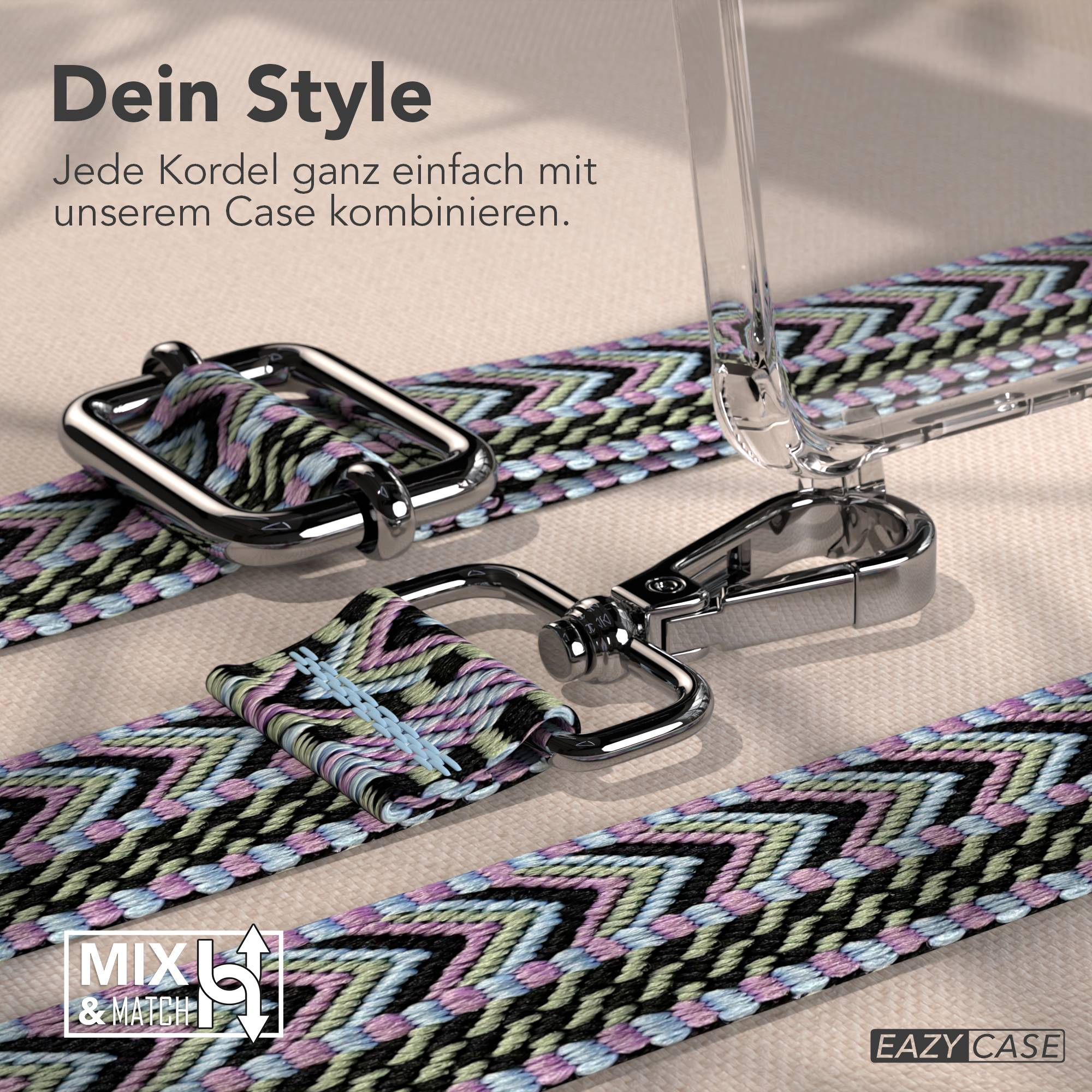 Nahaufnahme einer Handyhülle mit buntem Gurt. Der Gurt hat ein geometrisches Muster in verschiedenen Farben.