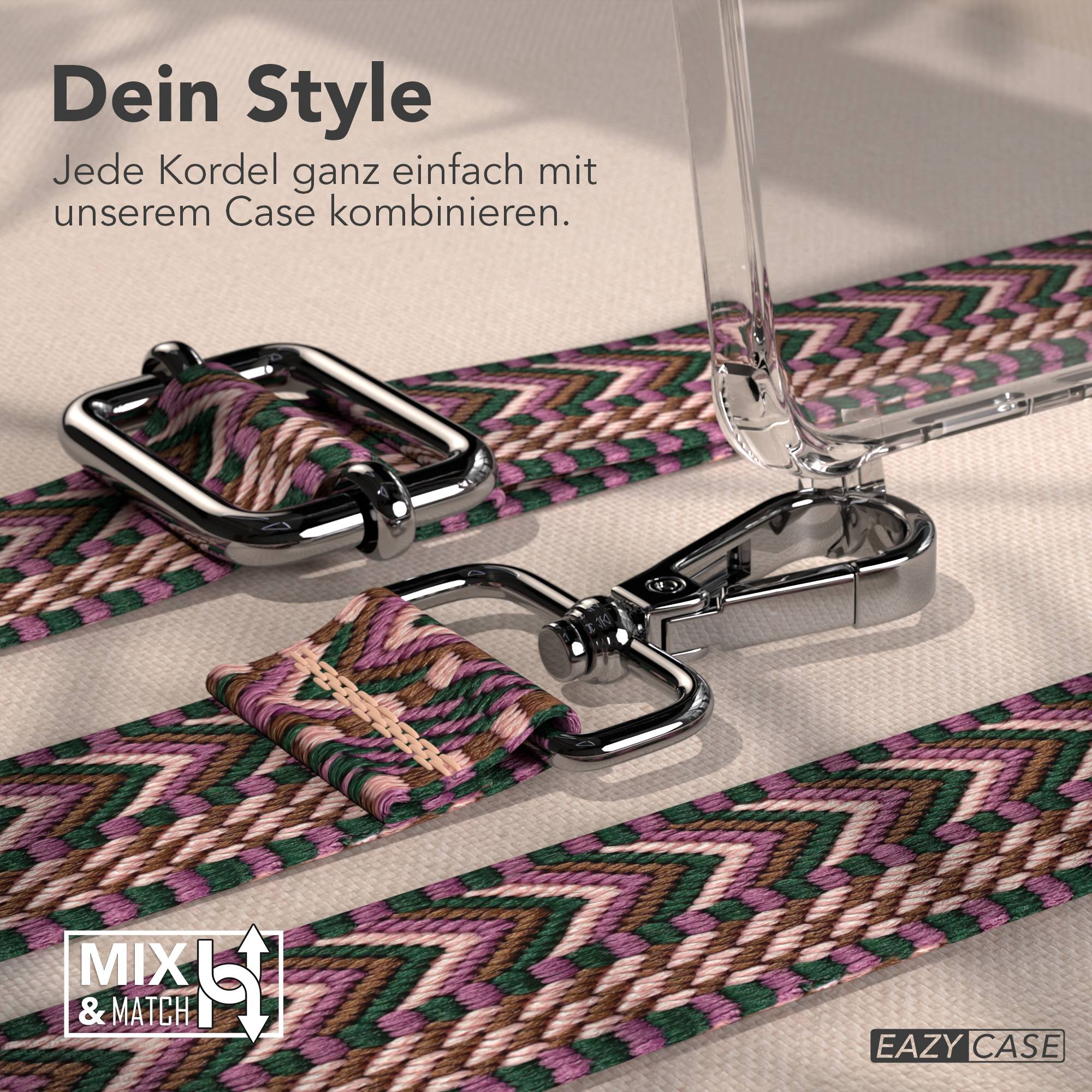 Nahaufnahme eines Handybandes mit farbenfrohem Muster. Es hat silberne Metallverschlüsse und einen hellen Hintergrund.