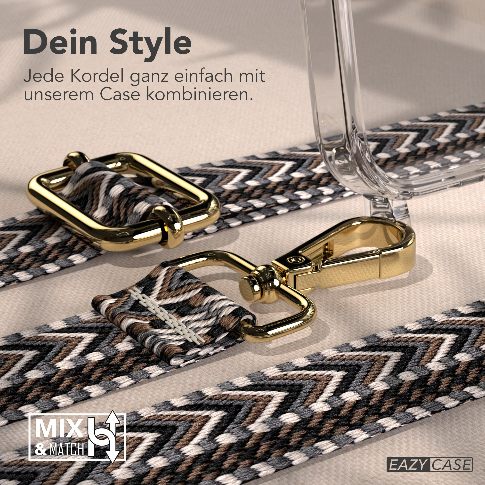 Goldverschlüsse und -riemen mit geometrischem Muster, transparente Handyhülle, und Text: Dein Style.