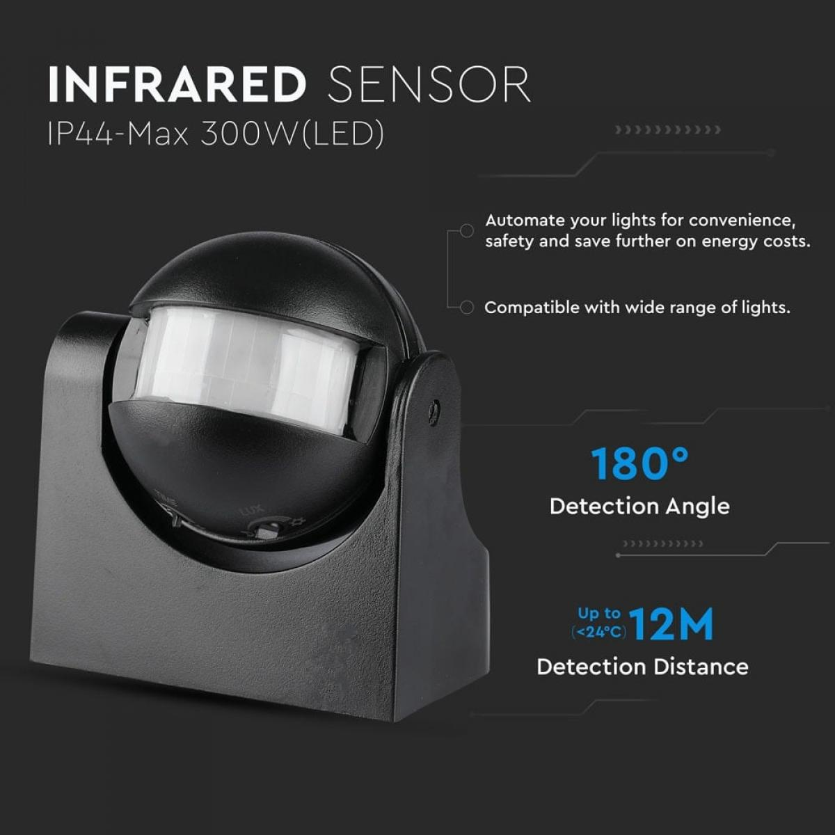 Czarny czujnik podczerwieni z kątem detekcji 180°. Tekst zawiera IP44-Max 300W(LED) i detekcję do 12M.