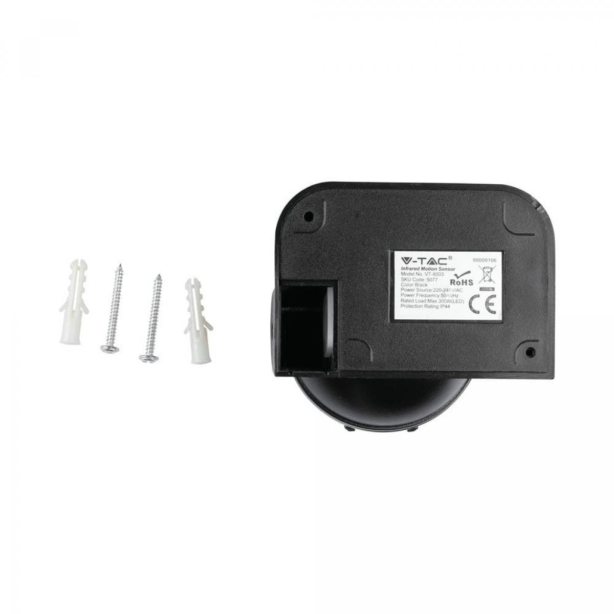 Czarny czujnik ruchu na podczerwień V-TAC ze śrubami. Czujnik posiada znak CE i symbol RoHS.